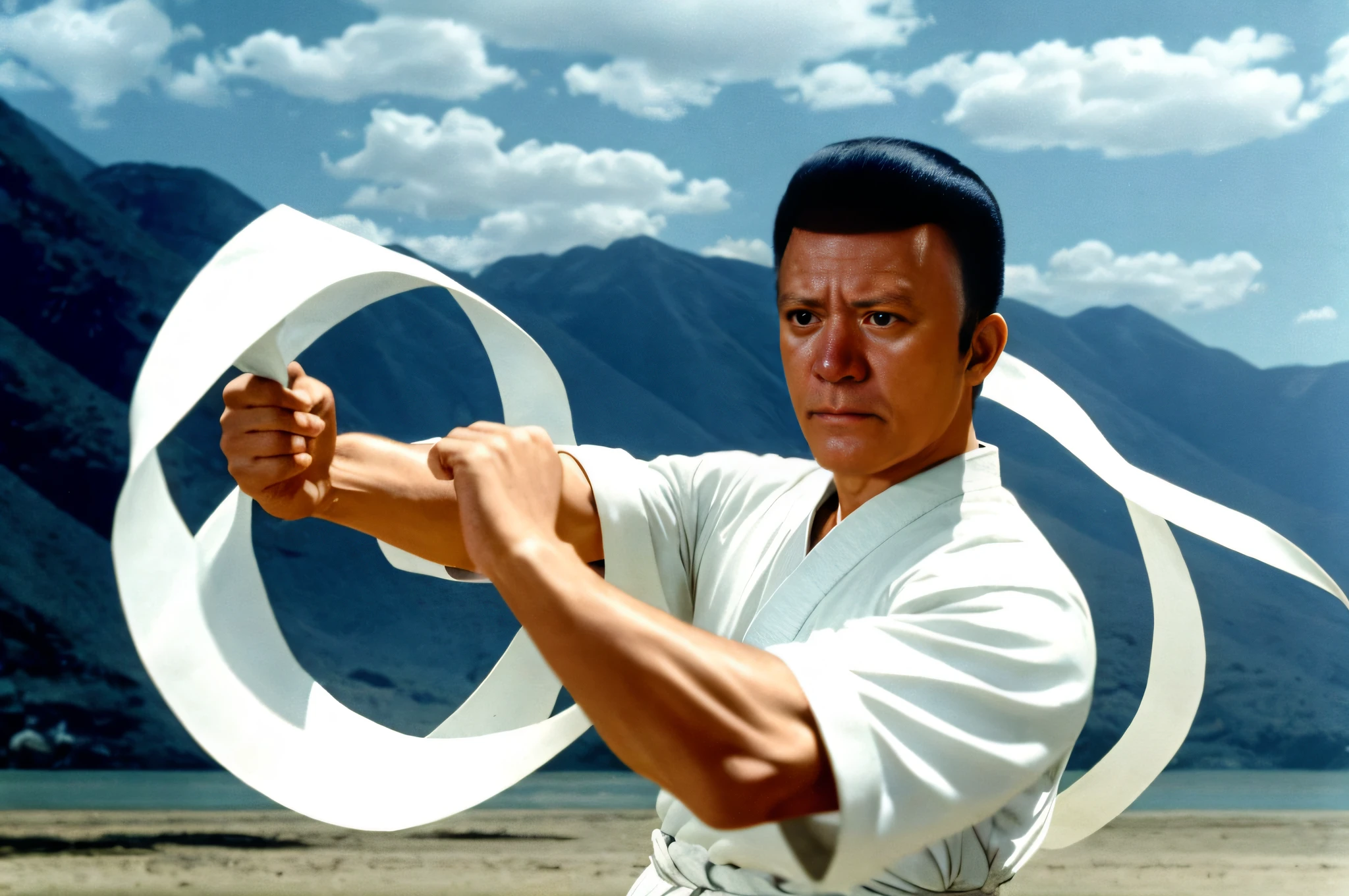Man in white shirt holding a white object in his right hand, Filme de Kung Fu dos anos 60,
