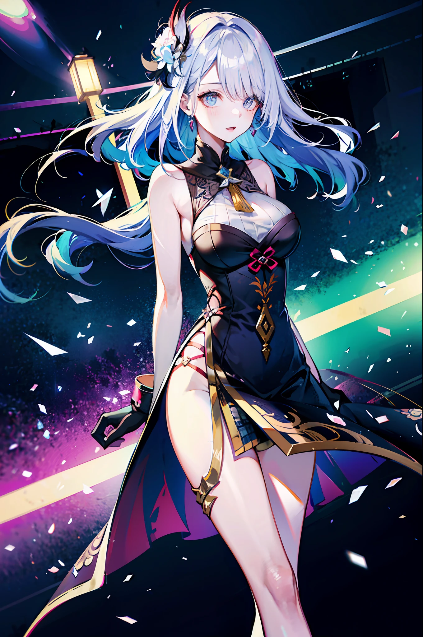 (best quality, detailed background, highres, absurdres, bloom, disheveled hair, shiny hair, exposed in lighting, bright pupils),
1girl, focus on leg, earpiece, long hair, silver hair, large_breasts, action_pose, standing,  arms behind back, stage, spotlight, glass ceiling, 
shenhe \(genshin impact\), hair_ornament, hair over one eye,  designer dress,  dutch_angle,