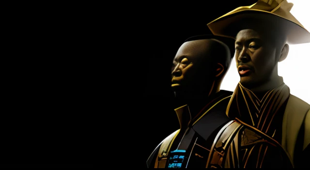 Two costumed men standing next to each other on a black background, Modelos de Yasuke 5 0 0 px, imagem promocional do filme, [ cinemactic, captain, historicamente preciso, Cinebiografia, homem negro, Banner, Fanart, comandante, ator, Um escuro, [ teatral ], [epics, Europa Universalis IV, Celebrando, Foto de capa, Fujita Goro e Jones, um antigo