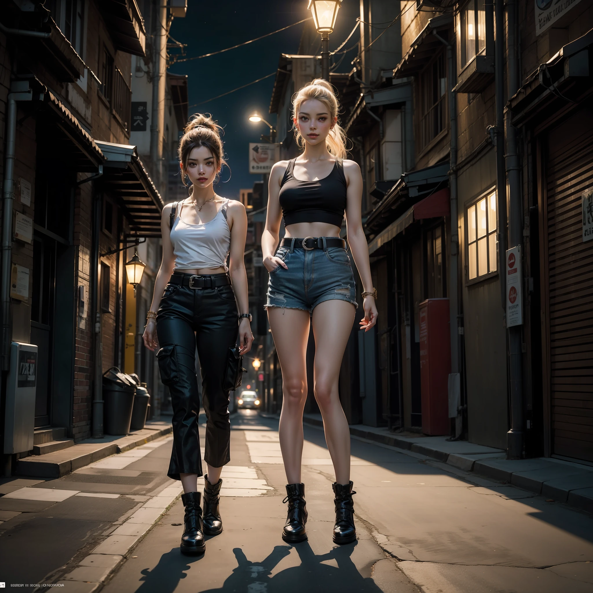 1 mulher Cammy White (Street Fighter), 25 anos, pale skin and freckles, olhos cinzas, nariz delicado, soft and delicate lips, cabelo blondie cinza, ponytail, com jaqueta de couro branca e detalhes pretos, White tank top, black cargo pants, Tactical belt, coldre com pistola, bota de couro marrom cano alto, cabelos ao vento, observa a cidade de Los Angeles iluminada a noite sentada de lado na sua moto futurista (manga Akira) na beira da estrada. Neon lights and lampposts, pose dinamica, pose de modelo, modelshoot, sorriso meigo, HD, fotorrealista 1:3, solo 1:3, professional camera, obra prima, foto premiada