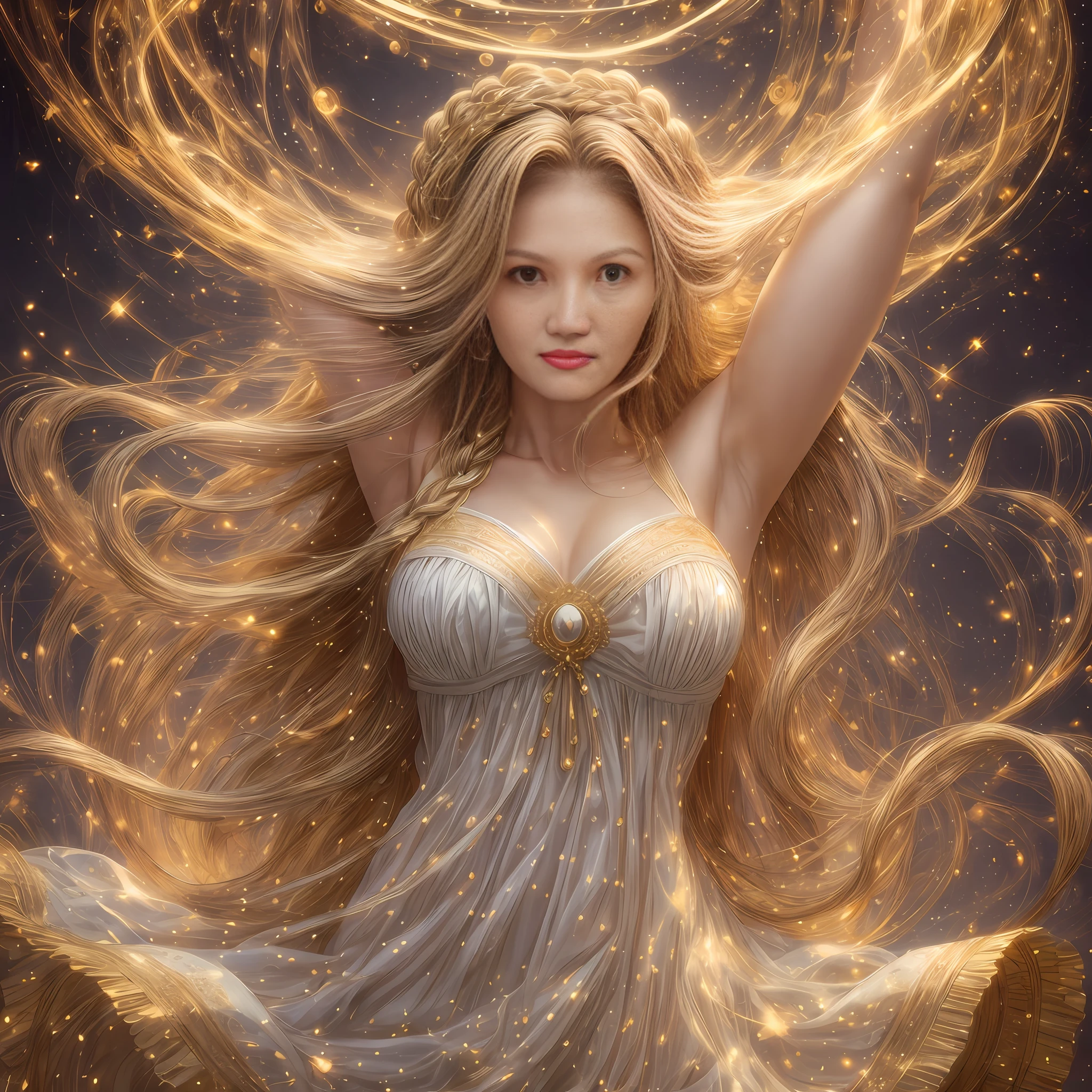 best quality, masterpiece, upper body,
(adult:1.6) hungarian woman, (smirk:0.4), arms behind head,
braided golden hair,
sparkling eyes,
victorian sundress,
floating light particles, centered,