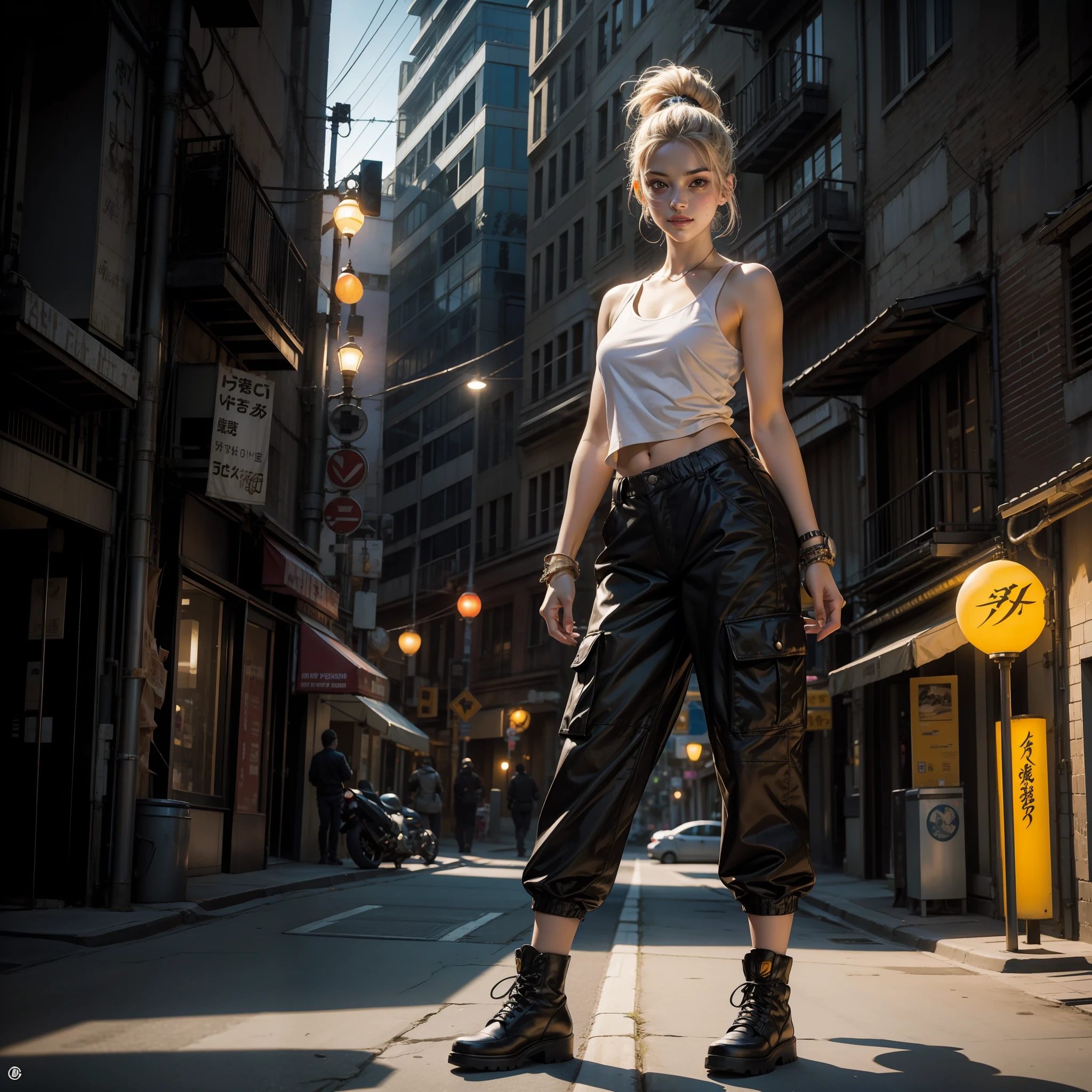 1 mulher Cammy White (Street Fighter), pale skin and freckles, olhos cinzas, nariz delicado, soft and delicate lips, cabelo blondie cinza, ponytail, com jaqueta de couro branca e detalhes pretos, White tank top, black cargo pants, bota de couro marrom cano alto, cabelos ao vento, observa a cidade de Los Angeles iluminada a noite sentada de lado na sua moto futurista (manga Akira) na beira da estrada. Neon lights and lampposts, pose dinamica, pose de modelo, modelshoot, sorriso meigo, HD, fotorrealista 1:3, solo 1:3, professional camera, obra prima, foto premiada