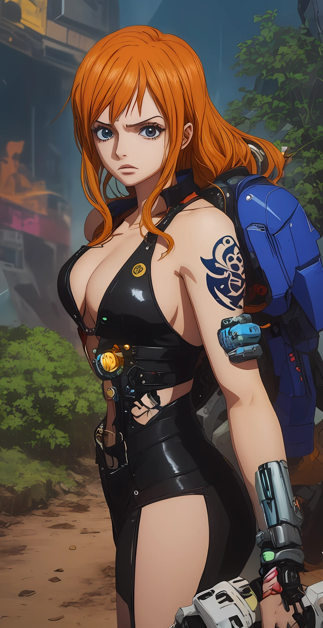 nami one piece, sozinha, corpo inteiro, (melhor qualidade), (Very detailed), profundidade de campo, esquete, sombras escuras, foco nítido, a dark illumination, HDR, good composition, Cabelo laranja, Ambiente futurista e escuro, screencap anime, tattoo on upper arm, olhos castanhos claro, android, Cyberpunk, Technological implants, Technological prostheses , mechanical arm