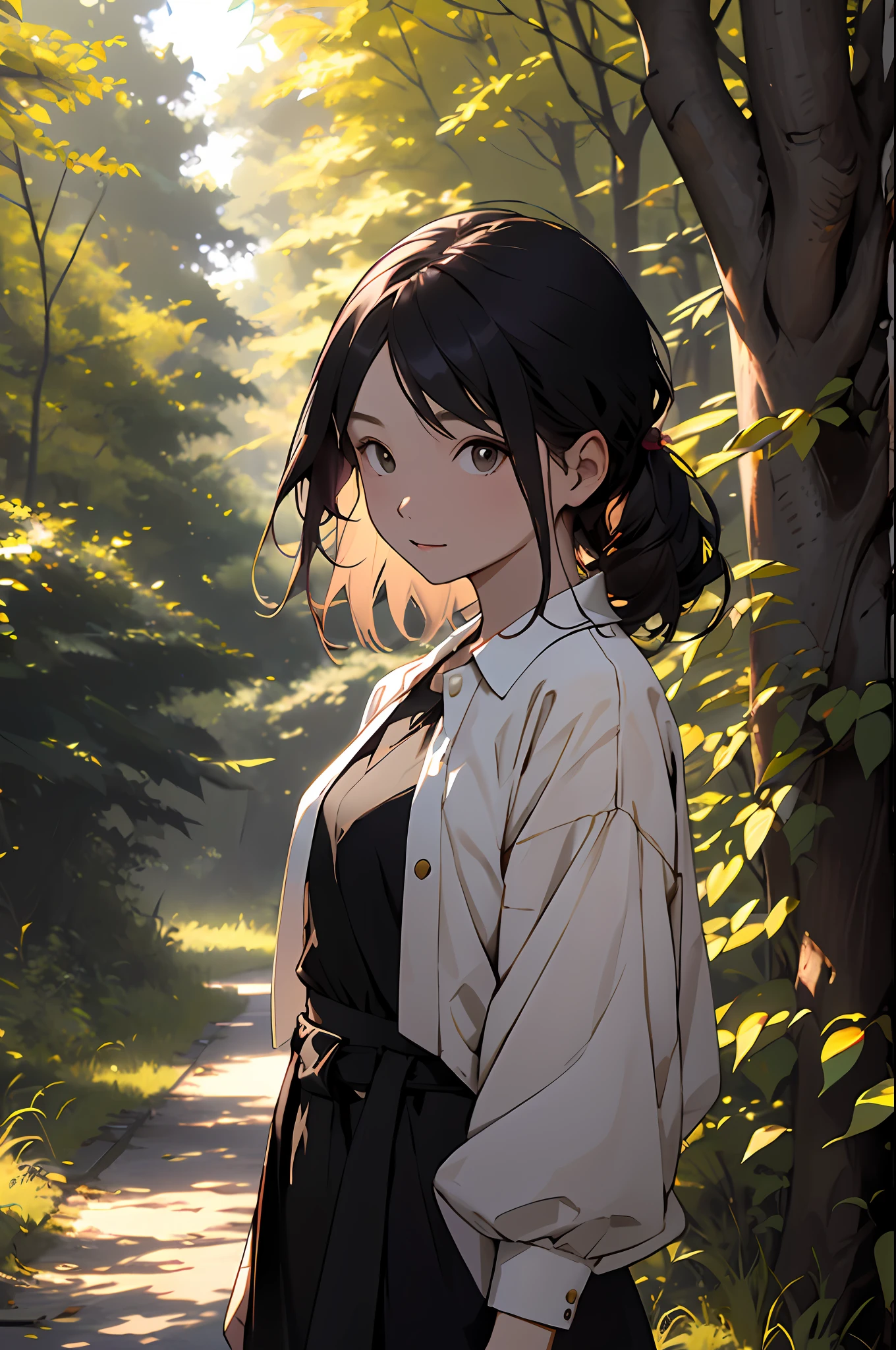 realisitic、Woman in the forest and sunshine, a 20 yo woman、shorth hair, Nice hairstyle, Nice clothes、Looking at the camera、Colored leaves