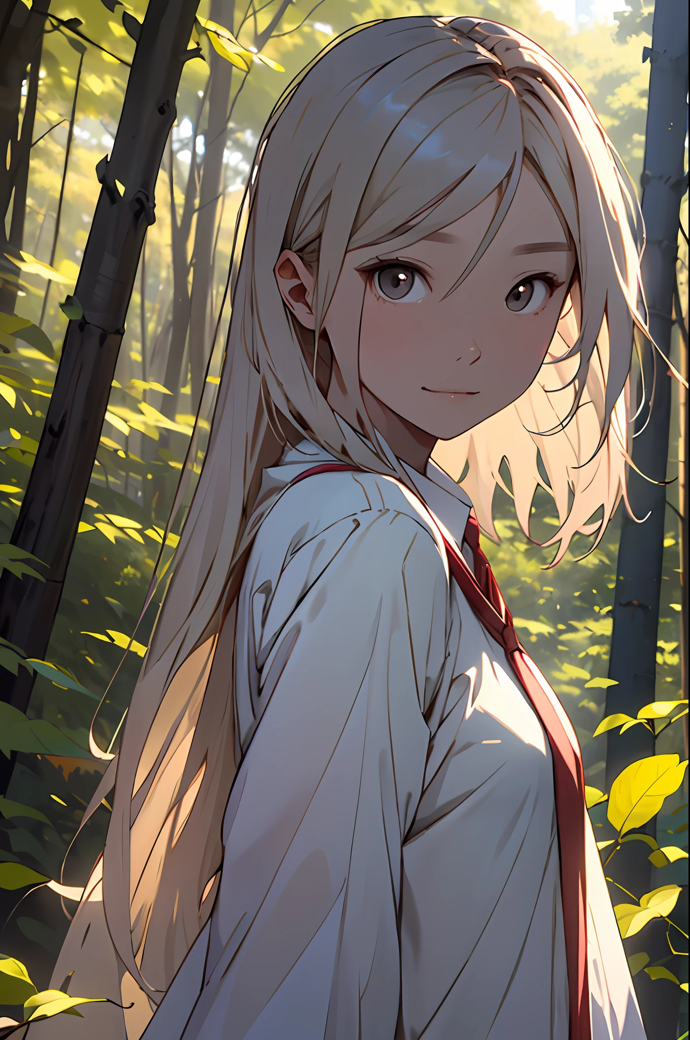 realisitic、Woman in the forest and sunshine, a 20 yo woman、shorth hair, Nice hairstyle, Nice clothes、Looking at the camera、Colored leaves