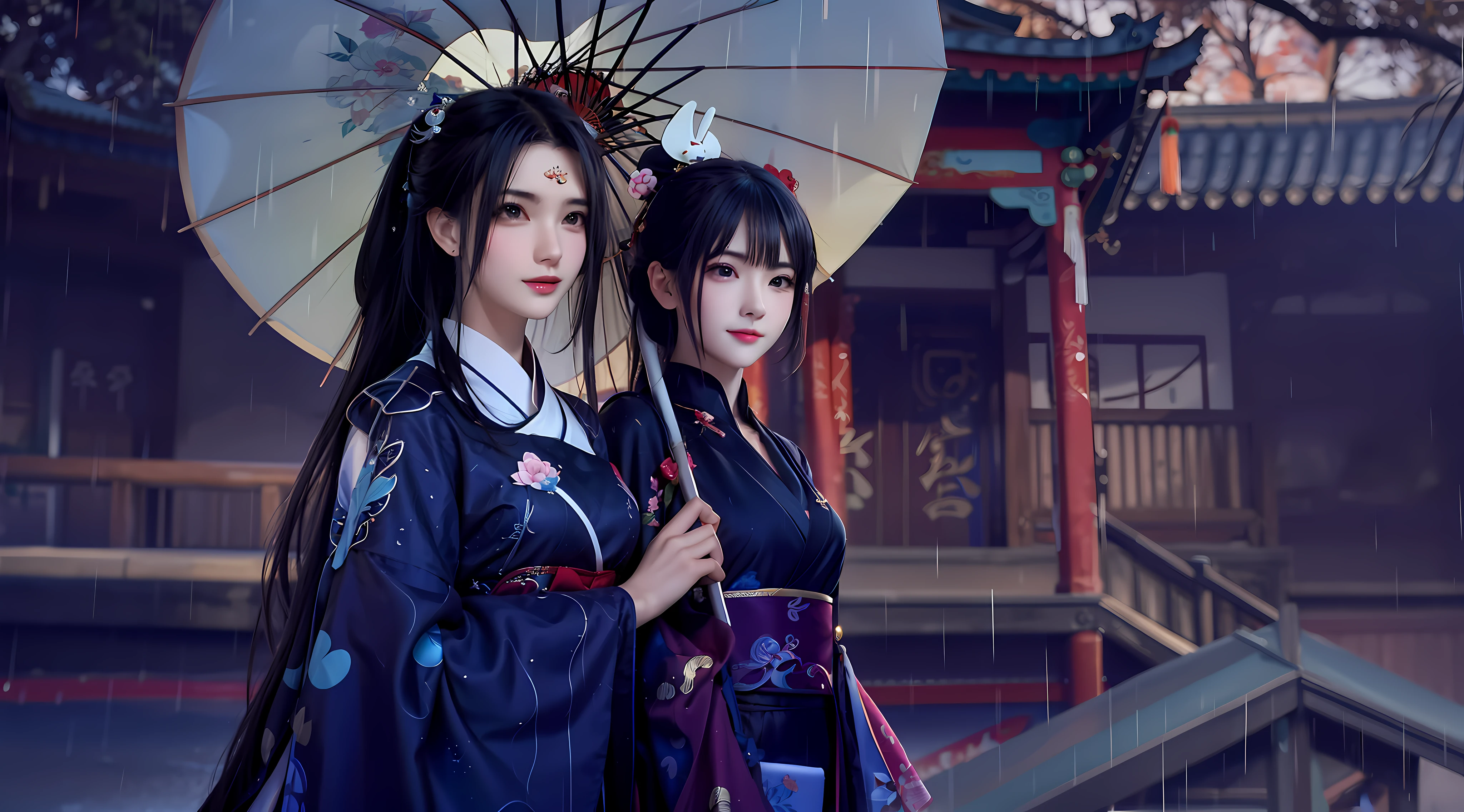 Two women dressed in traditional Chinese costumes holding umbrellas in the rain, artwork of a, Anime style