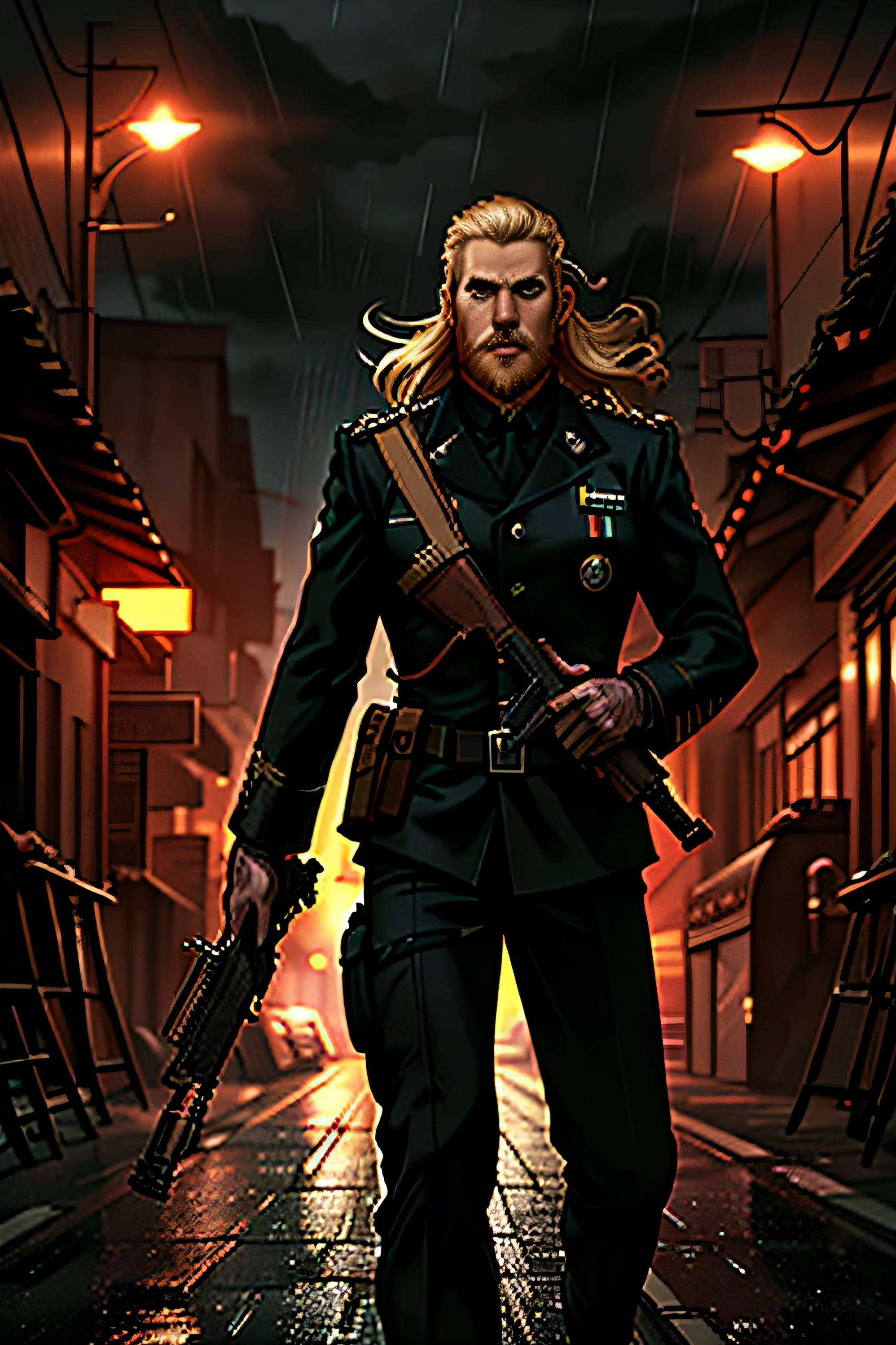 Blond guerrilla with worn black uniform, uses rifle, beard, ruined background, realistic, stylish, rutkowski, hdr, intricate details, hyperdetailed, cinematic, rim light, danger atmosphere, noir, night, red light, dark street, rain, 4k