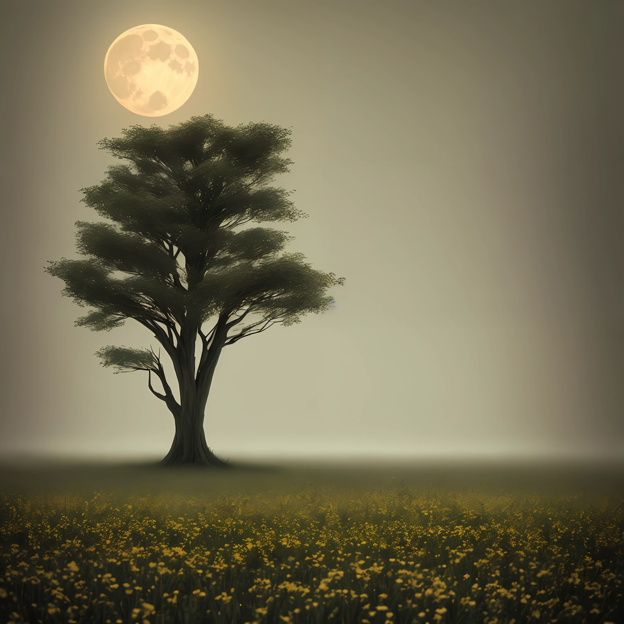 A field an isolated tree moon atmosphere dark enigmatic mysterious gothic fog flowers cinematic quality hyper realistic well detailed be light hig definition depth field 1:2 intricate volumetric light beautiful mysterious