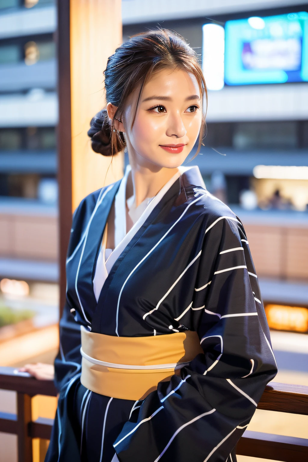 ((top-quality、8k、​masterpiece：1.3))、full bodyesbian、long legged、Crisp focus：1.2、Beautiful Women in Perfect Style：1.4、((Brown hair)) 、((kimono、PastelColors))、(happy facial expression、standingn:1.2)、((city night scene、balconies:1.3))、Highly detailed facial and skin texture、A detailed eye、二重まぶた