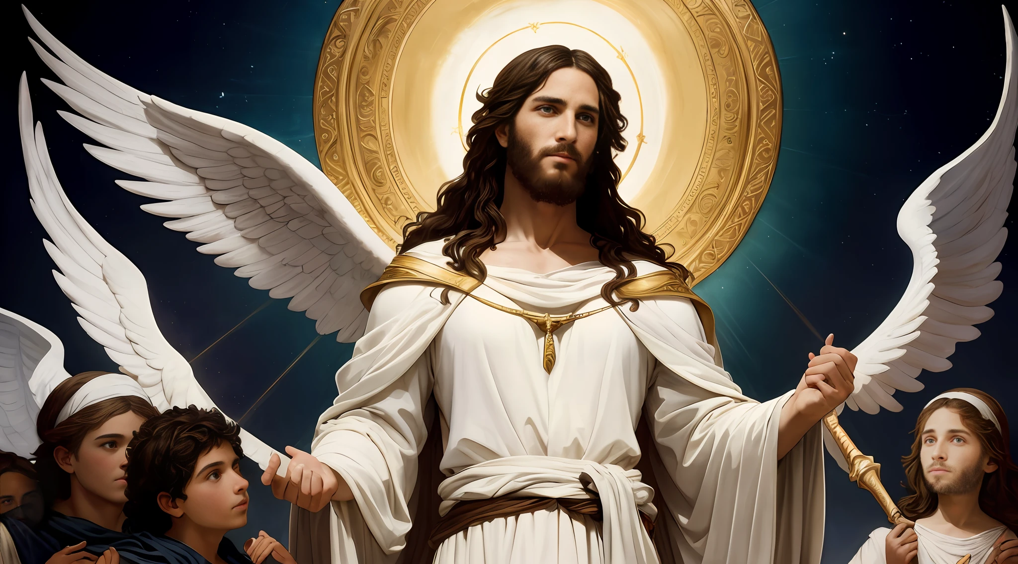 Jesus of Nazareth gigantic wrapped in a white mantle emerging from the waters of the ocean in front of a vortex, Magical portal in the illuminated sky, cruzando las aguas sobre el mar, con olas gigantescas, enormes, (obra maestra, alta calidad), hiperrealismo, Estilo Caravaggio, 8k Renaissance oil painting masterpiece, El nacimiento de Venus (1879) por William-Adolphe Bouguereau estilo, Baroque aesthetics, Venus de Botticelli, Denonios and the Angels, Estilo de arte renacentista. (estilo: el_Rap_de_el_Hijas_de_Leucipo_de_Pedro_Paul_Rubens.),(estilo: Godfrey_Kneller_en_1689.),High resolution,pictorial, Estilo barroco, claroscuro, dynamic composition, Dramatic lighting, colores ricos, Textura detallada, divine expression, escena religiosa, escena flotante