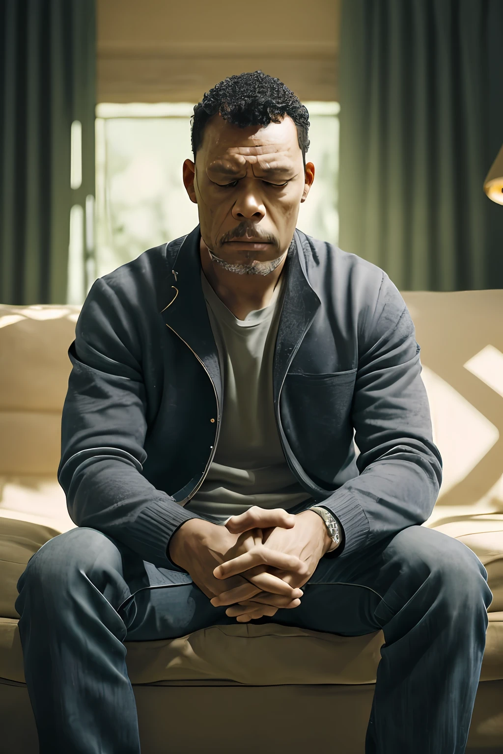 guttonerdvision7, Illustrate a heartfelt scene of a man sitting alone, portraying a sense of sadness and solitude. Capture the emotions through his posture, facial expression, and body language. Convey a sense of introspection and contemplation. Pay attention to the details of his clothing and surroundings to create a realistic and immersive environment. Utilize subdued colors and lighting to enhance the somber mood of the scene. Focus on capturing the nuances of the man's emotions, allowing viewers to empathize with his feelings of loneliness.