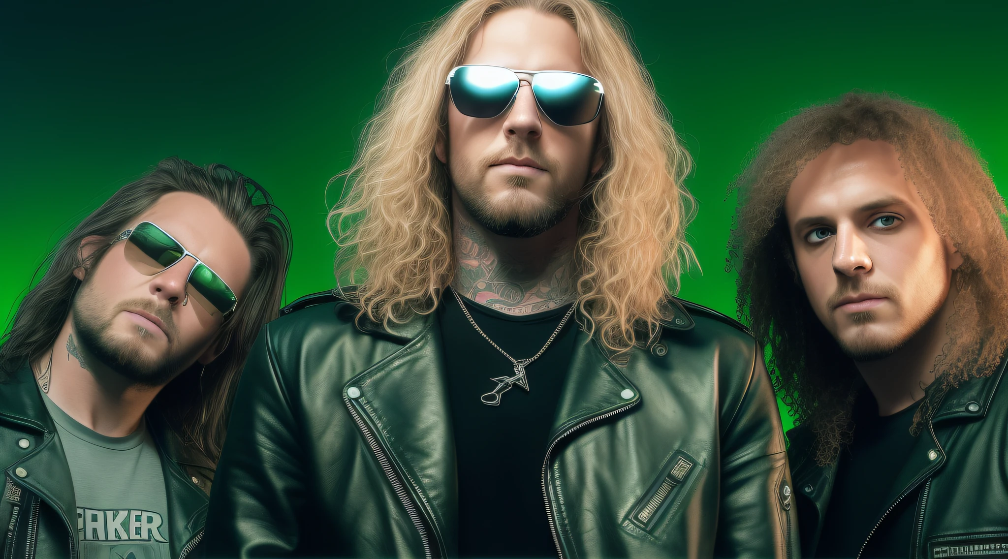 3 BLONDE BOYS LONG HAIRED, in black leather jackets and sunglasses, HALF BODY, SOFT GREEN BACKGROUND LIGHTS, posing for a photo, high quality photo, very low quality image, heavy rock band promotional photo, phosphorescent, heavy metal band promo, photo of a promotional session, very high quality, war photo, the scooter (EDM band, sinister vibe, the name of the band is Roborock
