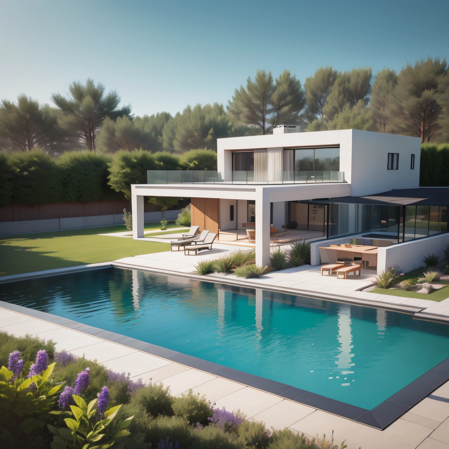 Organic modern architecture on a fairly large plot, from , there is a swimming pool in the middle of a large house of a flower, color of the house in chocolate brown and black beams, large modern residence, flat roofs and garden, render luxcore, render oktane, a photorealistic rendering, architectural rendering, mantra rendering, architectural rendering, realistic rendering, architectural visualization, wellness pool, Architectural visualization, large green zones, with small zones of lavender flowers, green shrubs type lush green garden, as well as small water mirrors, swimming pool embedded in an area of sand, olive and pine trees around the house, paddle court next to the house