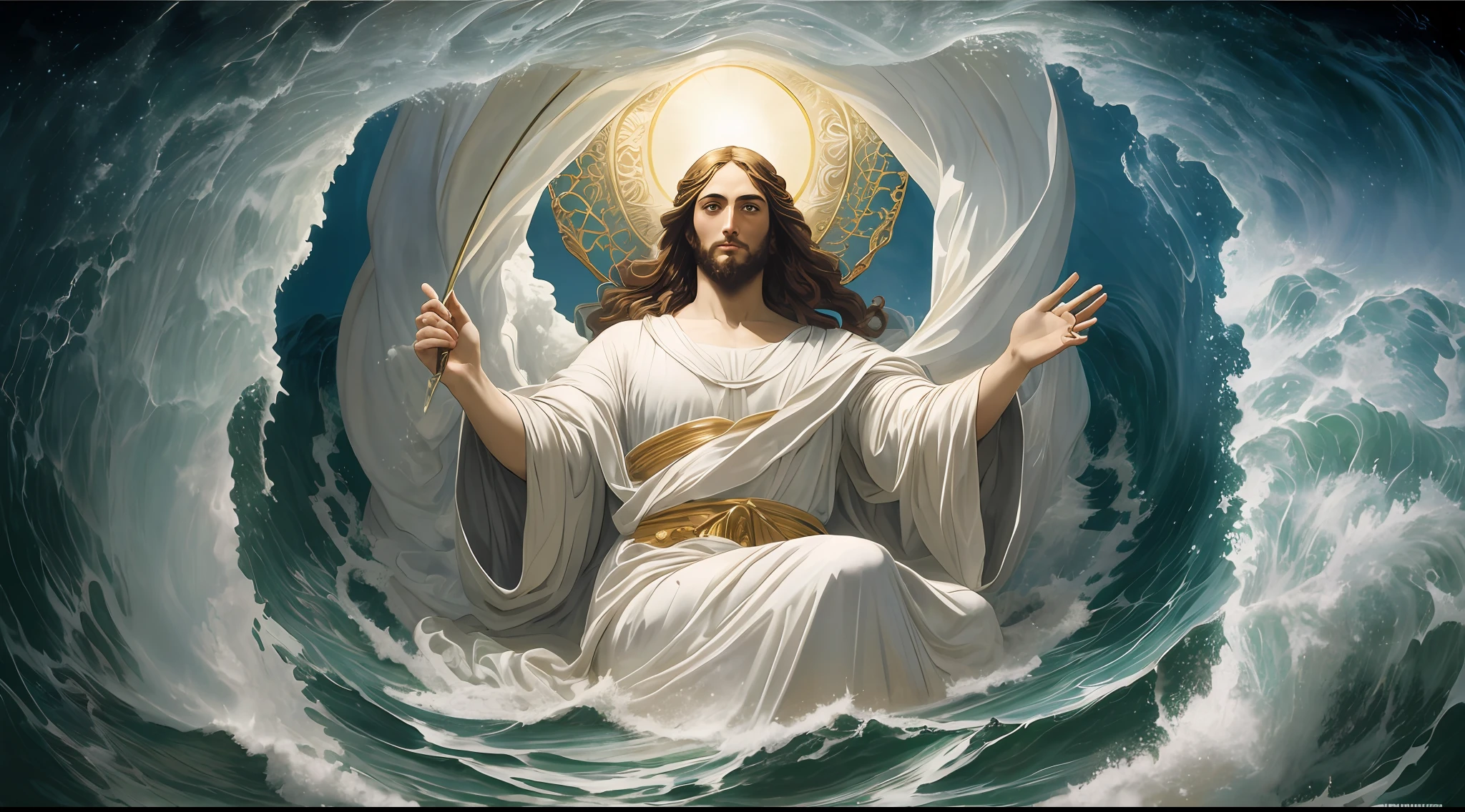 Jesus of Nazareth gigantic wrapped in a white mantle emerging from the waters of the ocean in front of a vortex, Magical portal in the illuminated sky, cruzando las aguas sobre el mar, con olas gigantescas, enormes, (obra maestra, alta calidad), hiperrealismo, Estilo Caravaggio, 8k Renaissance oil painting masterpiece, El nacimiento de Venus (1879) por William-Adolphe Bouguereau estilo, Baroque aesthetics, Venus de Botticelli, Denonios and the Angels, Estilo de arte renacentista. (estilo: el_Rap_de_el_Hijas_de_Leucipo_de_Pedro_Paul_Rubens.),(estilo: Godfrey_Kneller_en_1689.),High resolution,pictorial, Estilo barroco, claroscuro, dynamic composition, Dramatic lighting, colores ricos, Textura detallada, divine expression, escena religiosa, escena flotante