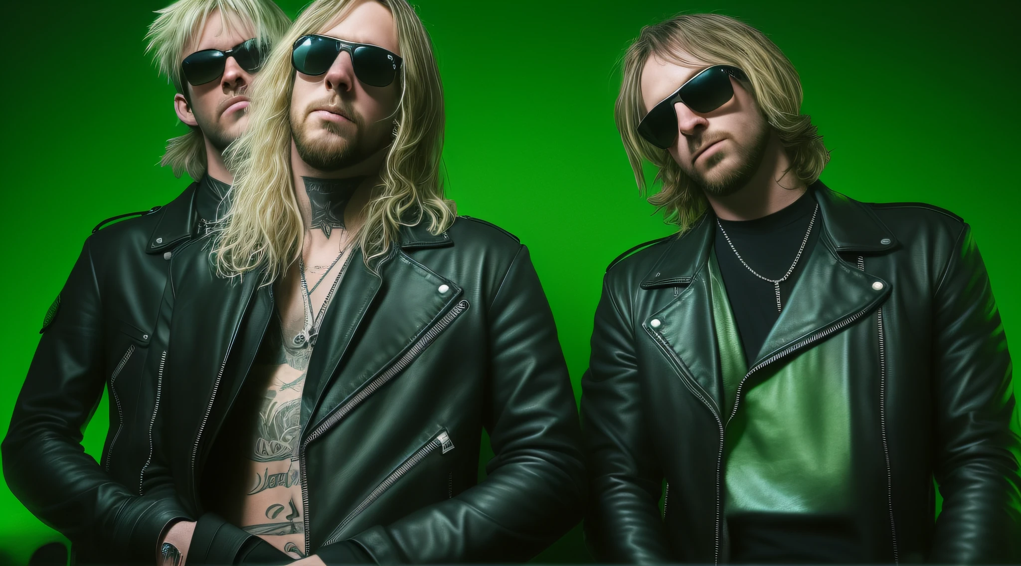 3 BLONDE BOYS LONG HAIRED, in black leather jackets and sunglasses, HALF BODY, SOFT GREEN BACKGROUND LIGHTS, posing for a photo, high quality photo, very low quality image, heavy rock band promotional photo, phosphorescent, heavy metal band promo, photo of a promotional session, very high quality, war photo, the scooter (EDM band, sinister vibe, the name of the band is Roborock