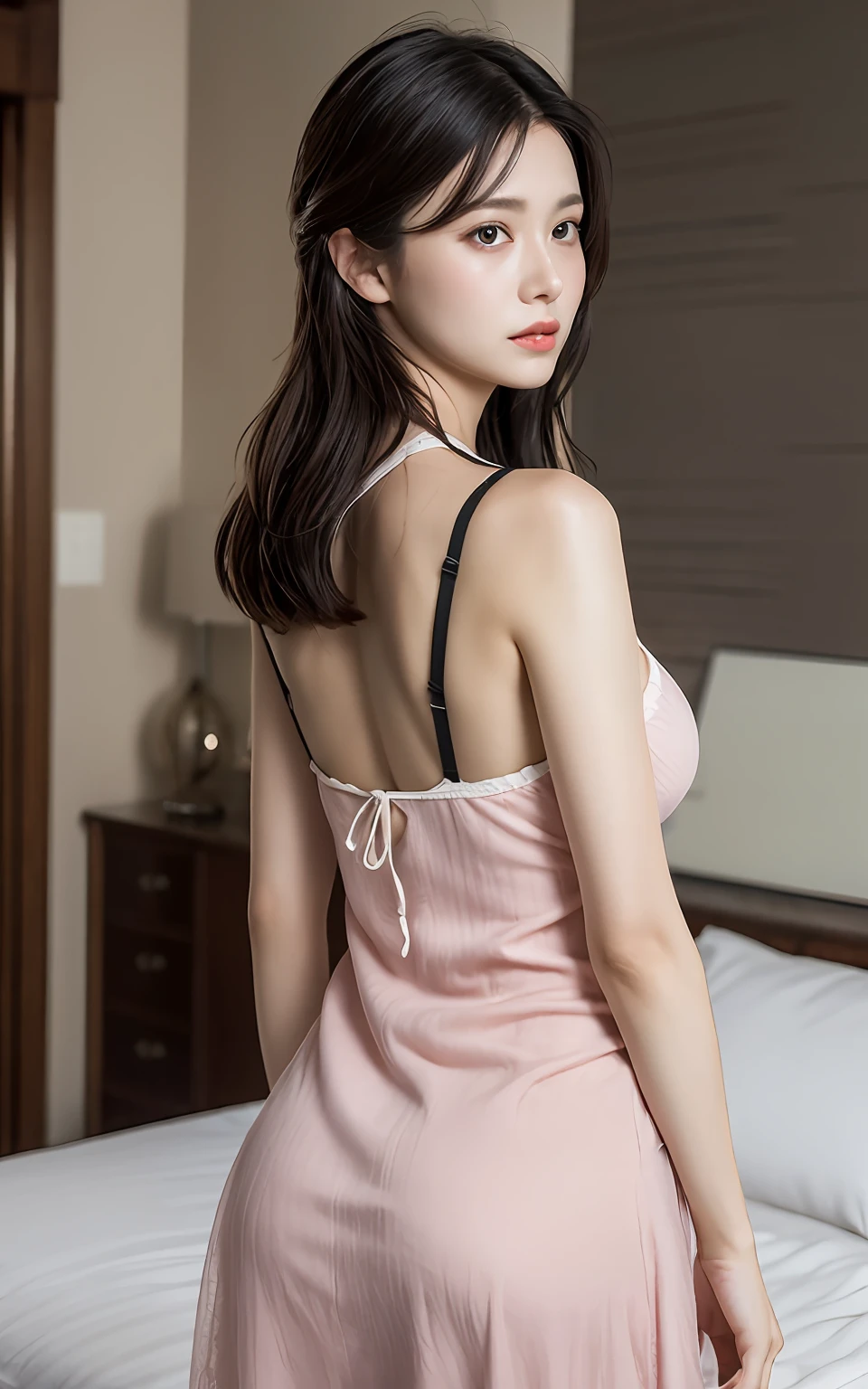 Highly detailed CG Unity 8k wallpaper, With the highest quality, super detailed, master piece, Realistic, photos realistic, extremely detailed cute girl, 25 years old, (negligee), (blush) , Round eyes, Large breasts, looking viewer, Half body shot , bed , back shot