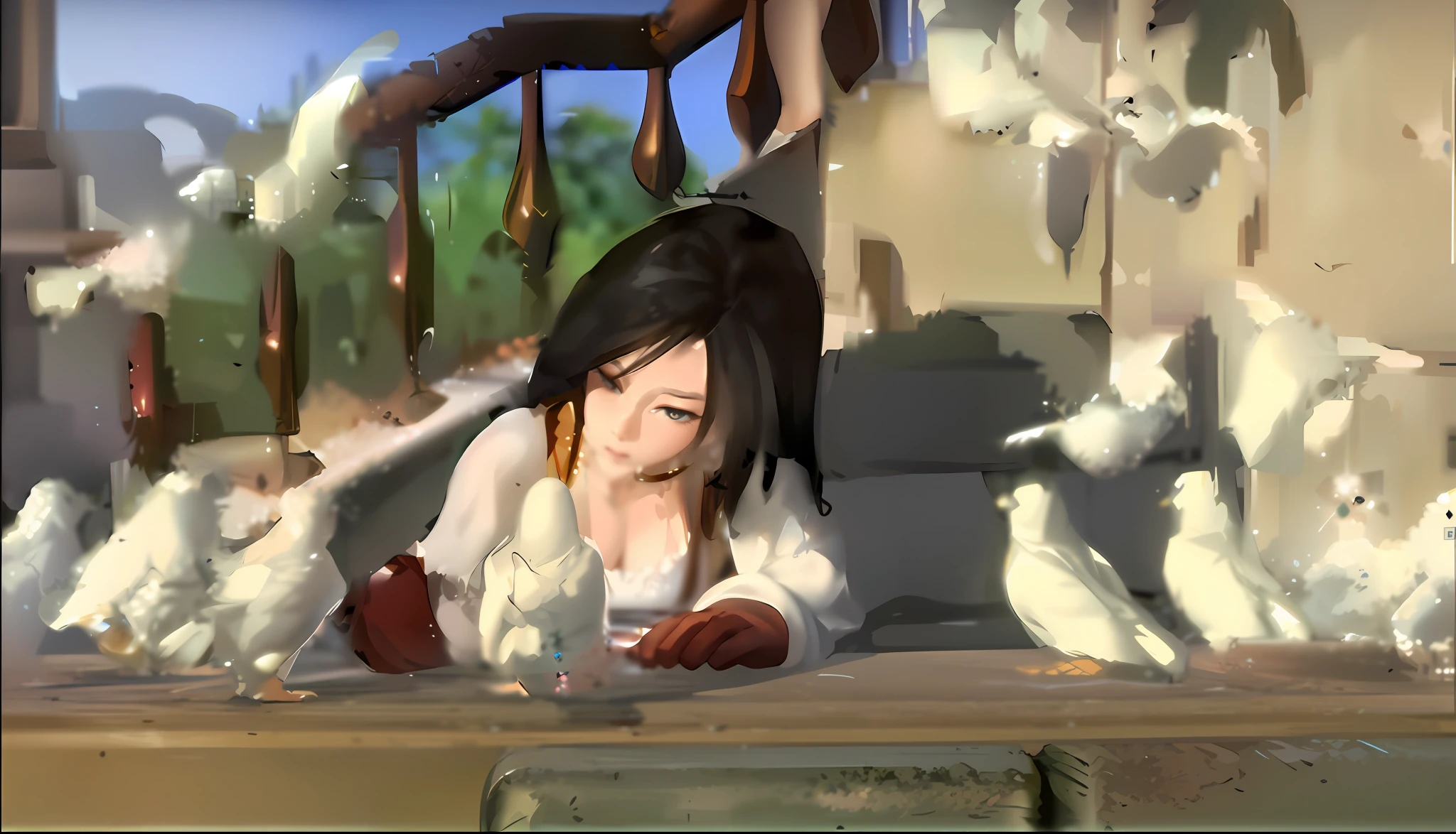 (Masterpiece : 1,8), 64k quality, final fantasy artwork concept, detailed manga eyes, detailed hair, detailed clothes, detailed body, cleaner designs, detailed face pronounced, shiny objects like jewels, see creases on clothes, more coherent clothing, more rounded eyes transparent liquid globular, more colors, more coherent clothing , correct the features of the clothes, better eyes contour, better shoulders, really colorful, coarser line, black line, finishing . (coarser line) (black line) (homogeneous rendering: 1.3)
