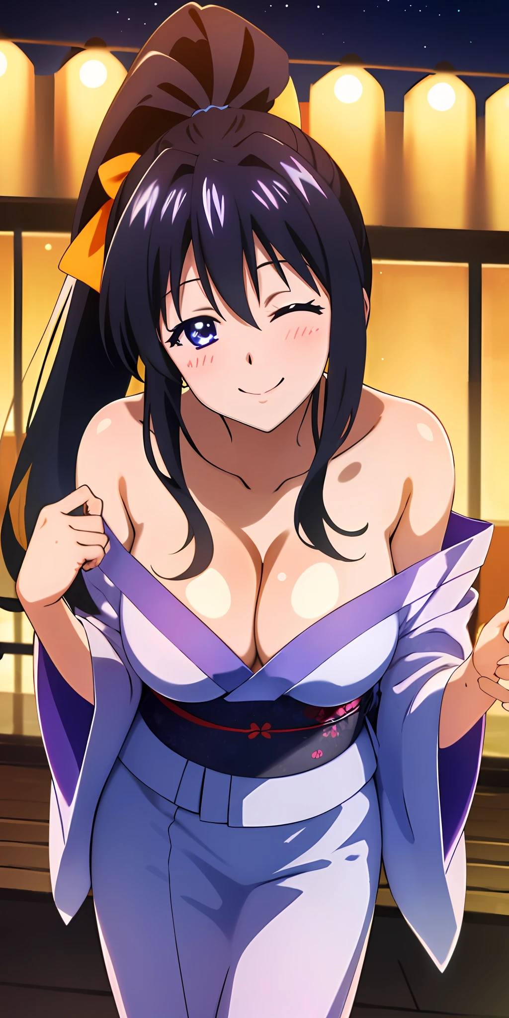 (Best quality:1.3), himejima akeno, black long ponytail, large breasts, cleavage, off shoulder yukata, smiling, (pov), night background