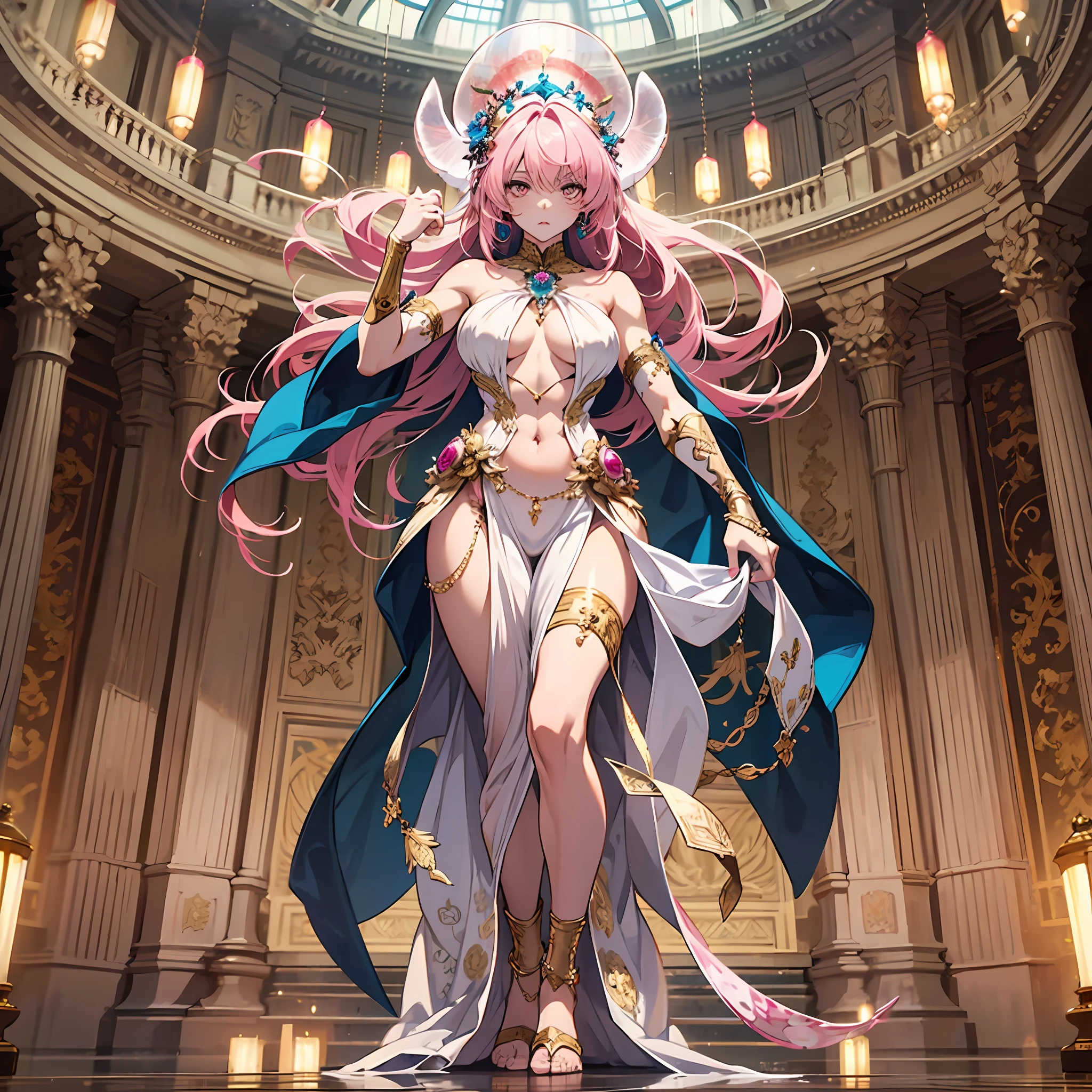 jelly fish,Pink snake hair,Red-white eyes,Super detailed sea surface,Skull in eye reflexes,White stone statue of muscular man on background,Expression of shyness,A symbol of the center feminine,Well-structured female body,The whole body is covered in gold jewelry,standing on your feet