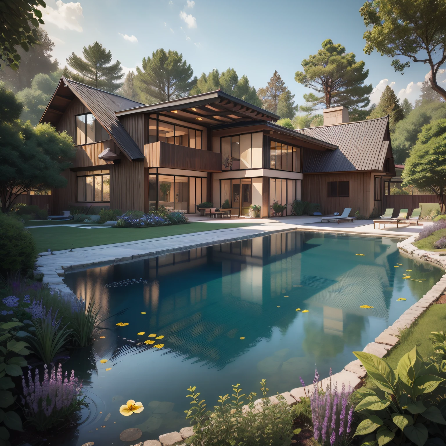 Organic modern architecture on a fairly large plot, from , there is a swimming pool in the middle of a large house of a flower, color of the house in chocolate brown and black beams, large modern residence, flat roofs and garden, render luxcore, render oktane, a photorealistic rendering, architectural rendering, mantra rendering, architectural rendering, realistic rendering, architectural visualization, wellness pool, Architectural visualization, large green zones, with small zones of lavender flowers, green shrubs type lush green garden, as well as small water mirrors, swimming pool embedded in an area of sand, olive and pine trees around the house, paddle court next to the house