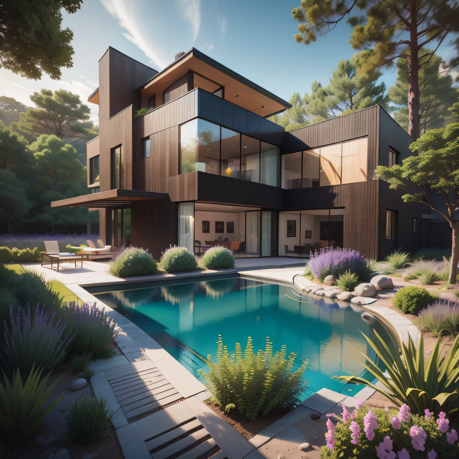 Organic modern architecture on a fairly large plot, from , there is a swimming pool in the middle of a large house of a flower, color of the house in chocolate brown and black beams, large modern residence, flat roofs and garden, render luxcore, render oktane, a photorealistic rendering, architectural rendering, mantra rendering, architectural rendering, realistic rendering, architectural visualization, wellness pool, Architectural visualization, large green zones, with small zones of lavender flowers, green shrubs type lush green garden, as well as small water mirrors, swimming pool embedded in an area of sand, olive and pine trees around the house, paddle court next to the house