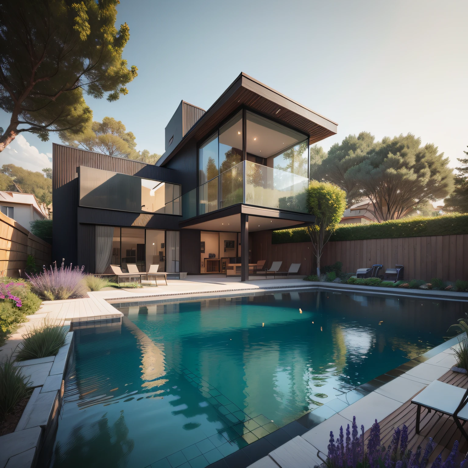 Organic modern architecture on a fairly large plot, from , there is a swimming pool in the middle of a large house of a flower, color of the house in chocolate brown and black beams, large modern residence, flat roofs and garden, render luxcore, render oktane, a photorealistic rendering, architectural rendering, mantra rendering, architectural rendering, realistic rendering, architectural visualization, wellness pool,  Architectural visualization, large green zones, with small zones of lavender flowers, green shrubs type lush green garden, as well as small water mirrors, swimming pool embedded in an area of sand, olive and pine trees around the house, paddle court next to the house