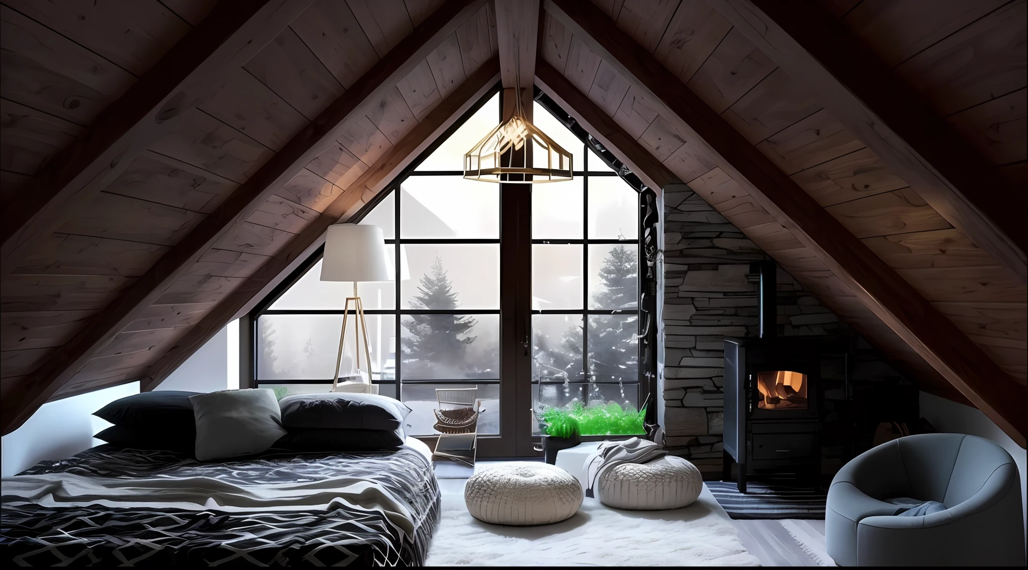 Quarto com uma cama grande e uma lareira no canto, lugar aconchegante, cozy room at night, aconchegante e calmo, picture of a loft in morning, cozy vibes, ambiente acolhedor e tranquilo, atmosfera aconchegante, Cozy setting, Atmoshpere aconchegante, ambiente aconchegante, floor-to-ceiling windows, Beautiful natural lighting, in an attic, linda luz natural, interior quente --auto