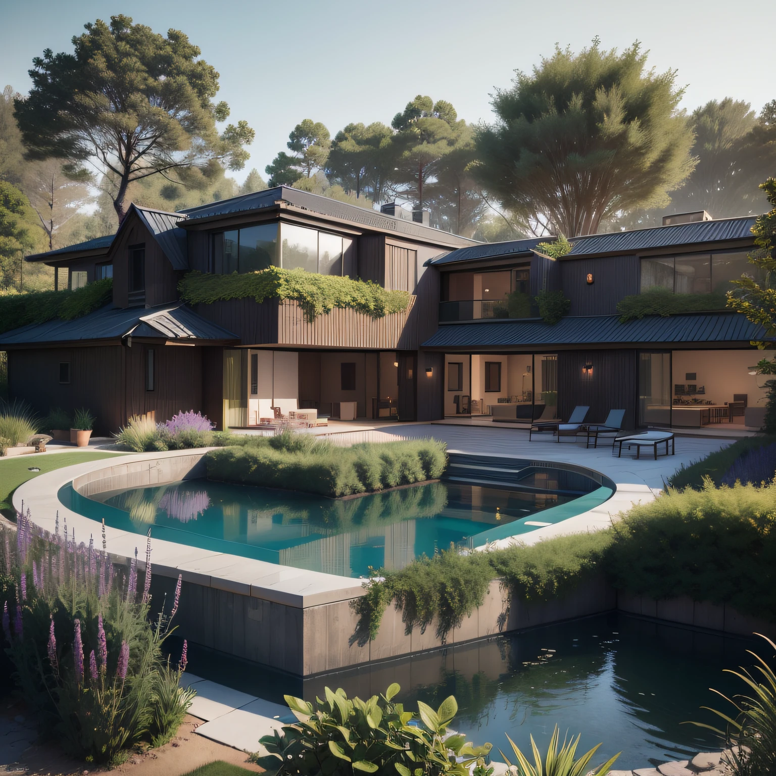 Organic modern architecture on a fairly large plot, from , there is a swimming pool in the middle of a large house of a flower, color of the house in chocolate brown and black beams, large modern residence, flat roofs and garden, render luxcore, render oktane, a photorealistic rendering, architectural rendering, mantra rendering, architectural rendering, realistic rendering, architectural visualization, wellness pool, Architectural visualization, large green zones, with small zones of lavender flowers, green shrubs type lush green garden, as well as small water mirrors, swimming pool embedded in an area of sand, olive and pine trees around the house, paddle court next to the house