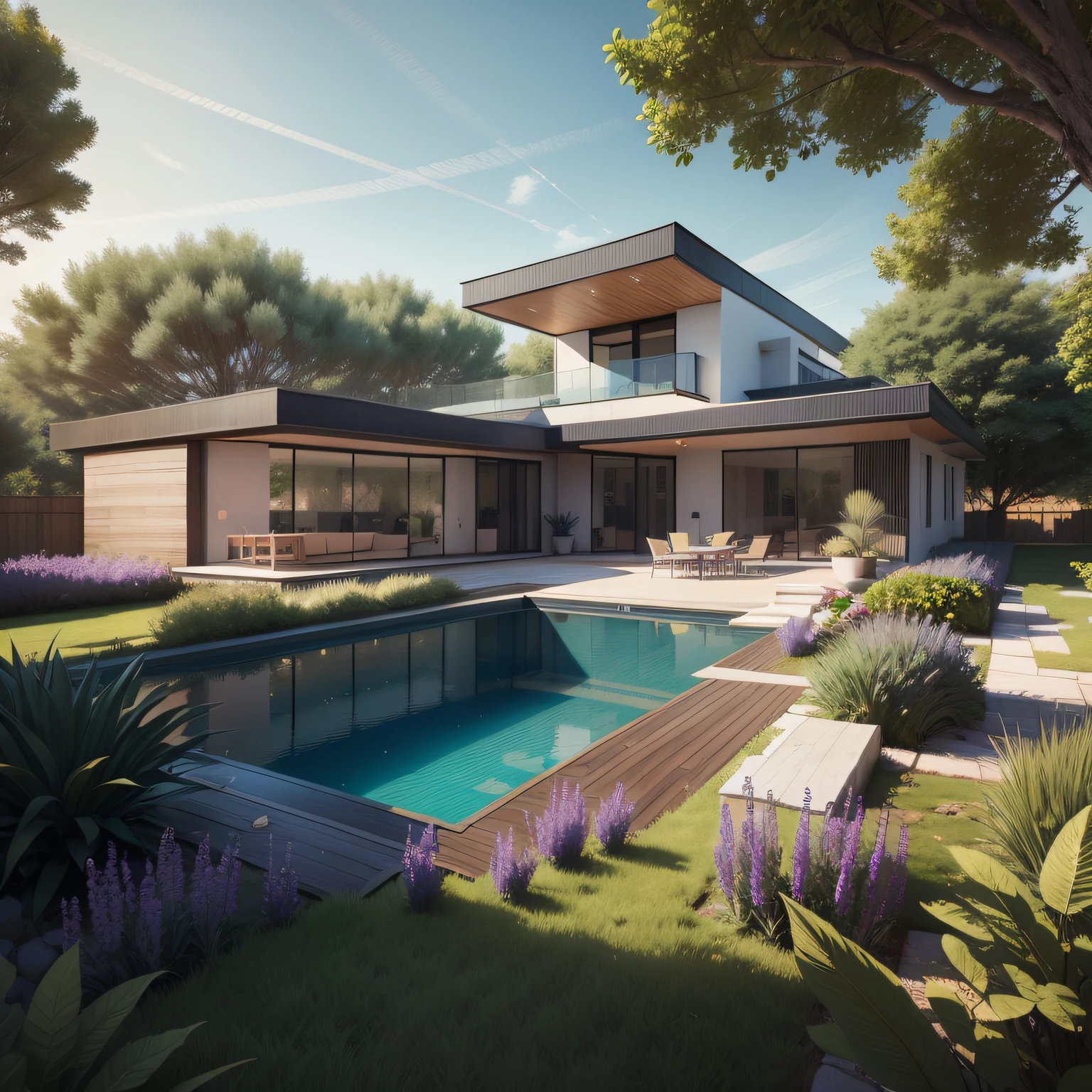 Organic modern architecture on a fairly large plot, from , there is a swimming pool in the middle of a large house of a flower, color of the house in chocolate brown and black beams, large modern residence, flat roofs and garden, render luxcore, render oktane, a photorealistic rendering, architectural rendering, mantra rendering, architectural rendering, realistic rendering, architectural visualization, wellness pool, Architectural visualization, large green zones, with small zones of lavender flowers, green shrubs type lush green garden, as well as small water mirrors, swimming pool embedded in an area of sand, olive and pine trees around the house, paddle court next to the house
