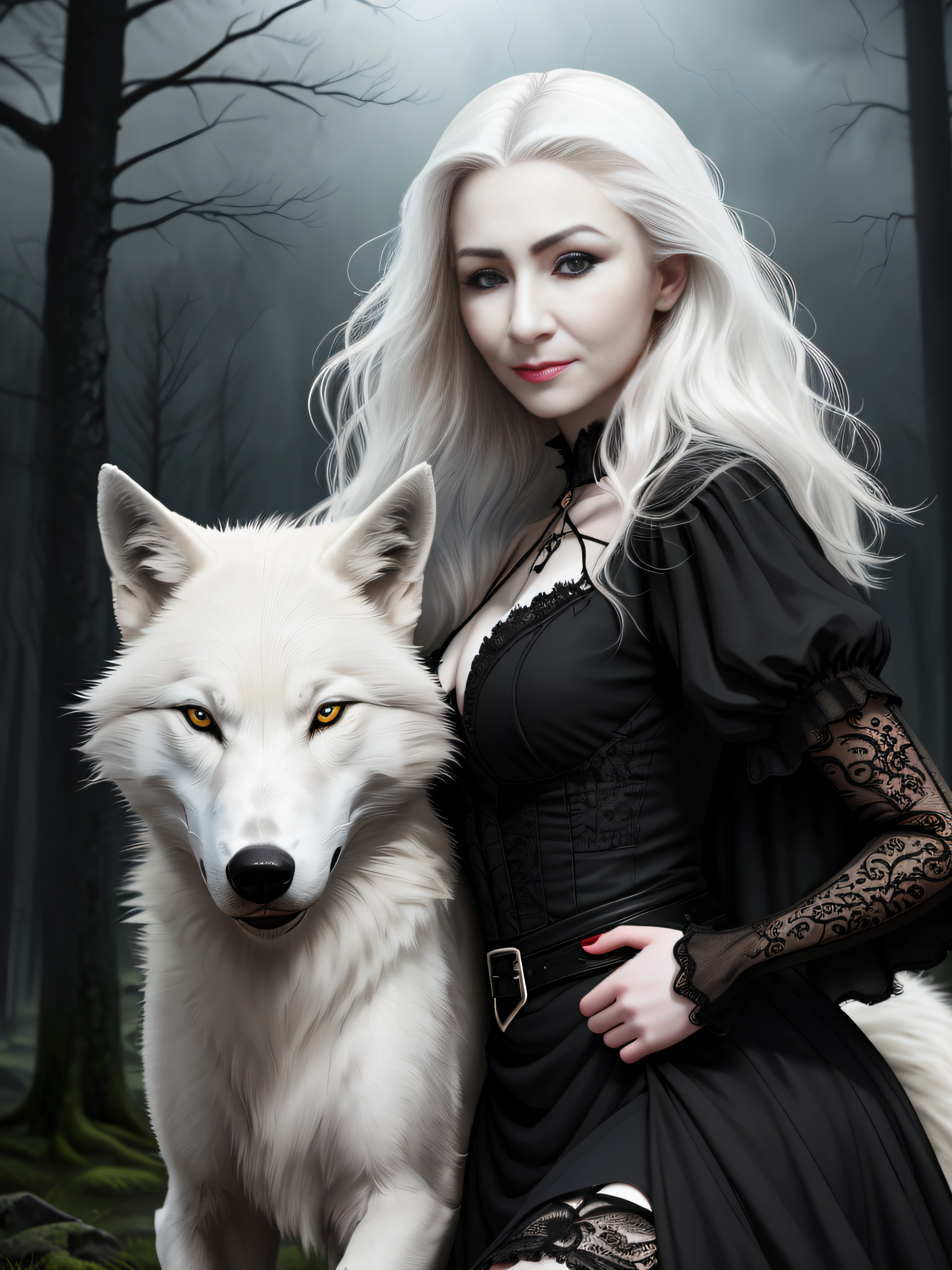 female vampire|albino,pale porcelain skin, vintage black dress, smile, ((riding a wolf)), shallow depth of field, sadistic, nightfall, detailed face, night,wide hips,narrow waist,detailed eyes, portrait of woman standing,8k RAW photo, highest quality, (looking at the viewer:1.3), best shadow, intricate details, (bold hair:1.3),(bright eyes),forest, grave,gothic,goth,(thunder-storm:1.2),((intricate details)), detailed eyes, (hdr:1,2), ((intricate details, hyperdetailed)),