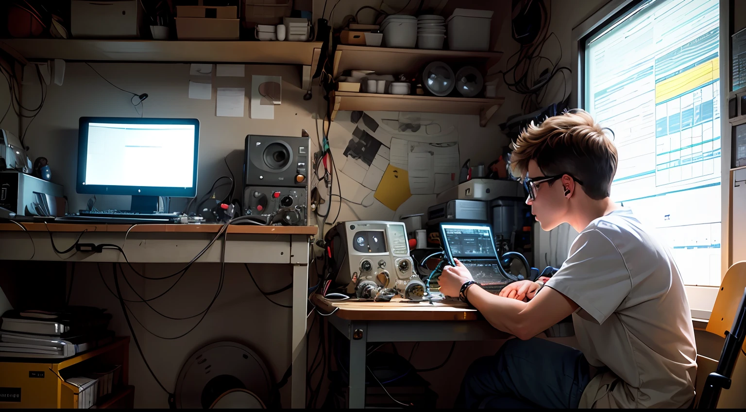 imagine, a 24-year-old working on his electronics bench, where there are various equipment such as bench sources, oscilloscopes, multimeters and the like;, com uma pequeno estoque ao fundo na parede --auto