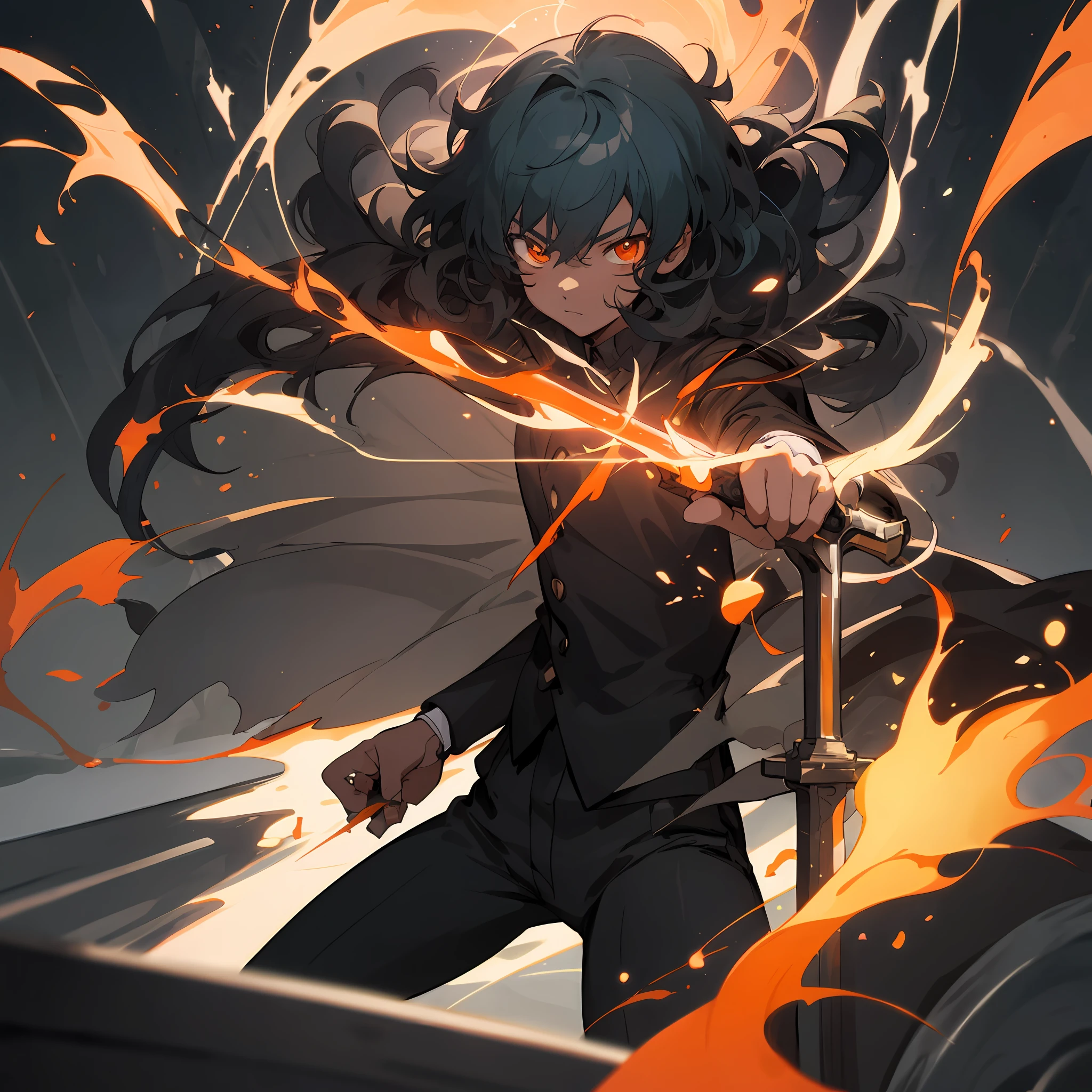 1 Black skin boy with black and curly hair, with some flames arround him. He's wearing an black suit and is holding a iron sword. Red and orange eyes. detailed key anime art, in each hand anime lush john 8k woods, best anime 4k konachan wallpaper, anime style 4 k, zerochan art, in a devasted field, clean detailed anime art, anime art wallpaper 8 k, official anime artwork, anime art wallpaper 4k, anime art wallpaper 4 k