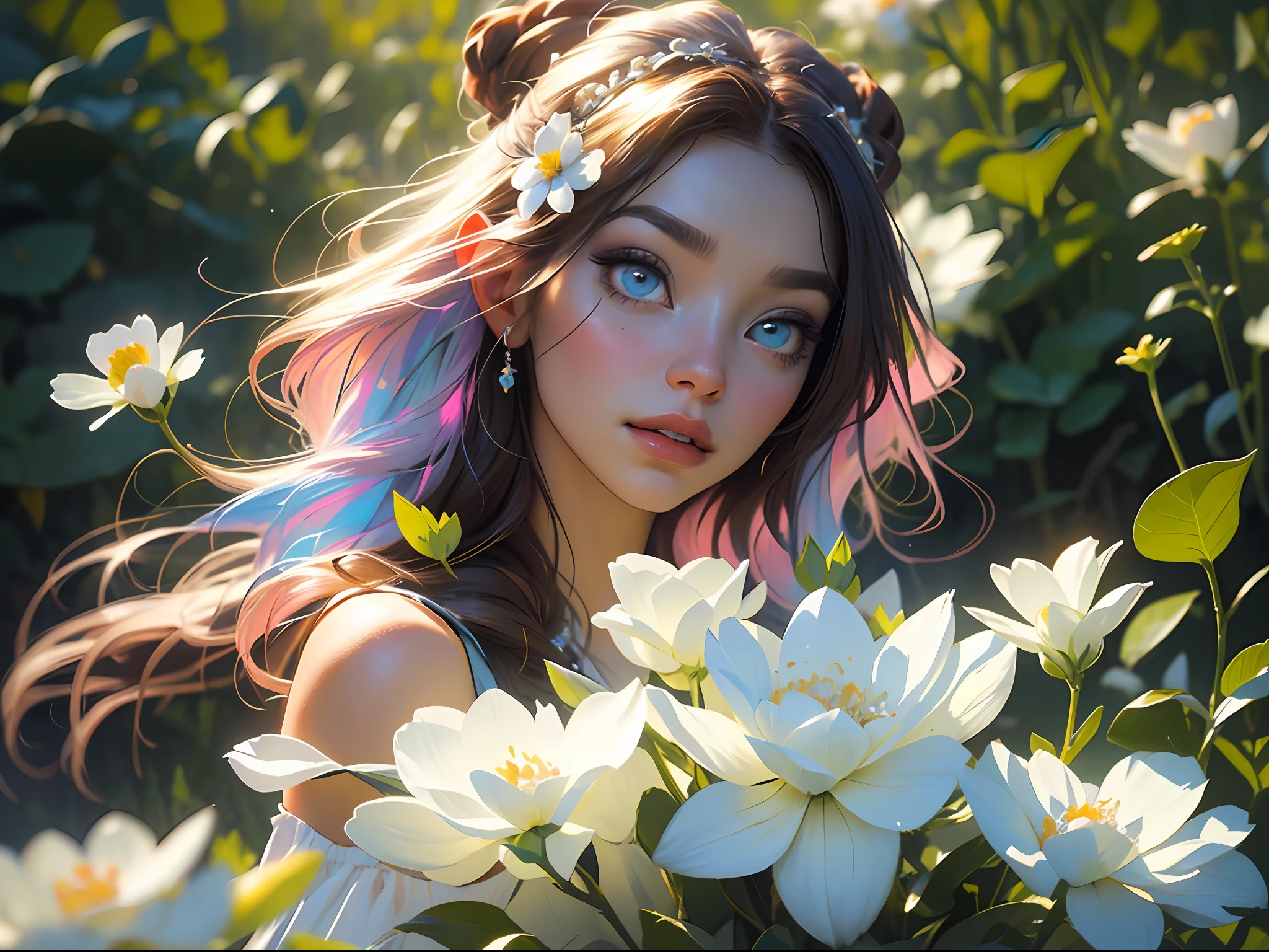 Generate a delicate and tranquil flower princess with soft hair dancing in the wind and intricately braided. Her sweet face has puffy, kissable lips and stunning, highly realistic eyes. She has stunningly beautiful eyes, hires eyes, 8k eyes, beautiful detail eyes, beautiful detailed eyes, realistically shaded eyes, and realistic eyes in vibrant colors. She is wearing delicately detailed gossamer silk and satin. Small pink gemstones and cream pearls detail her clothing. She sits in the midst of the most beautiful meadow in the world and is surrounded by beautiful flowers of varying sizes and colors. A flowered headdress adorns her head and soft petals dance around her. The flowers are realistic and very detailed and come in different shapes and sizes, some with iridescence and others with varying shades of pink and blue. Include realistic hair and skin texture. Include fantasy details, enhanced details, iridescence, colorful glittering wind and pollen. Pay special attention to her face and make sure it is beautifully and realistically detailed. The image should be dreamy and ethereal. Include intricate fantasy details. 8k, intricate, elegant, highly detailed, majestic, digital photography, art by artgerm and ruan jia and greg rutkowski surreal painting pearl butterfly filigree, flower petals, (masterpiece, sidelighting, finely detailed beautiful eyes: 1.2), hdr, realistic skin texture, ((ornate)), ((intricate)), ((fantasy00d:1.2)), rays of light, (add details), (add more details), intricate, highly detailed, ornate flowers, dew drops, sunlight, rays of sun