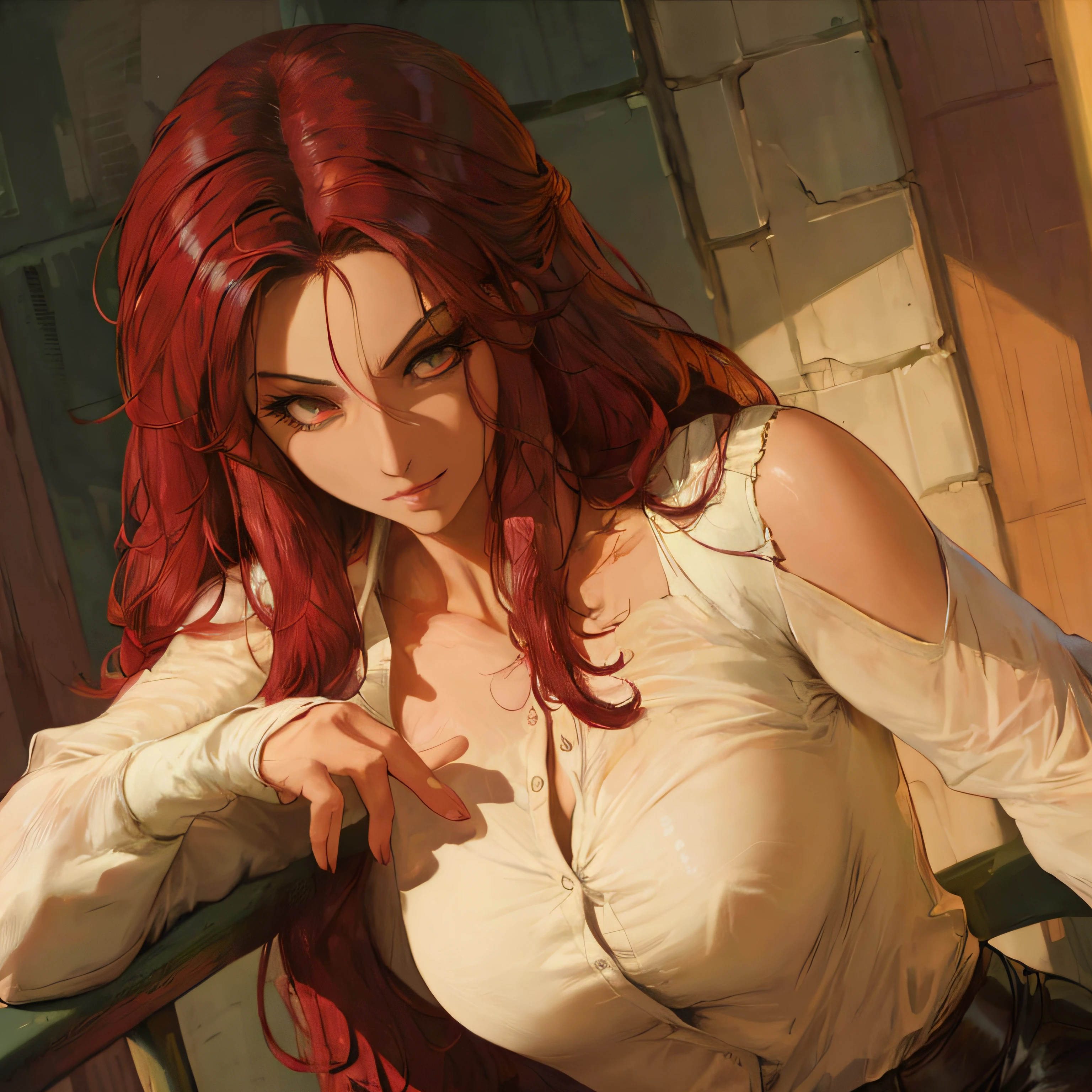 Anime - Style woman with red hair and white shirt resting on the handrail, pintado em anime painter studio, Artgerm em ArtStation Pixiv, estilo Artgerm, feito com anime painter studio, Guweiz em ArtStation Pixiv, Guweiz em Pixiv ArtStation, Artgerm. anime illustration, mulher bonita sedutora do anime