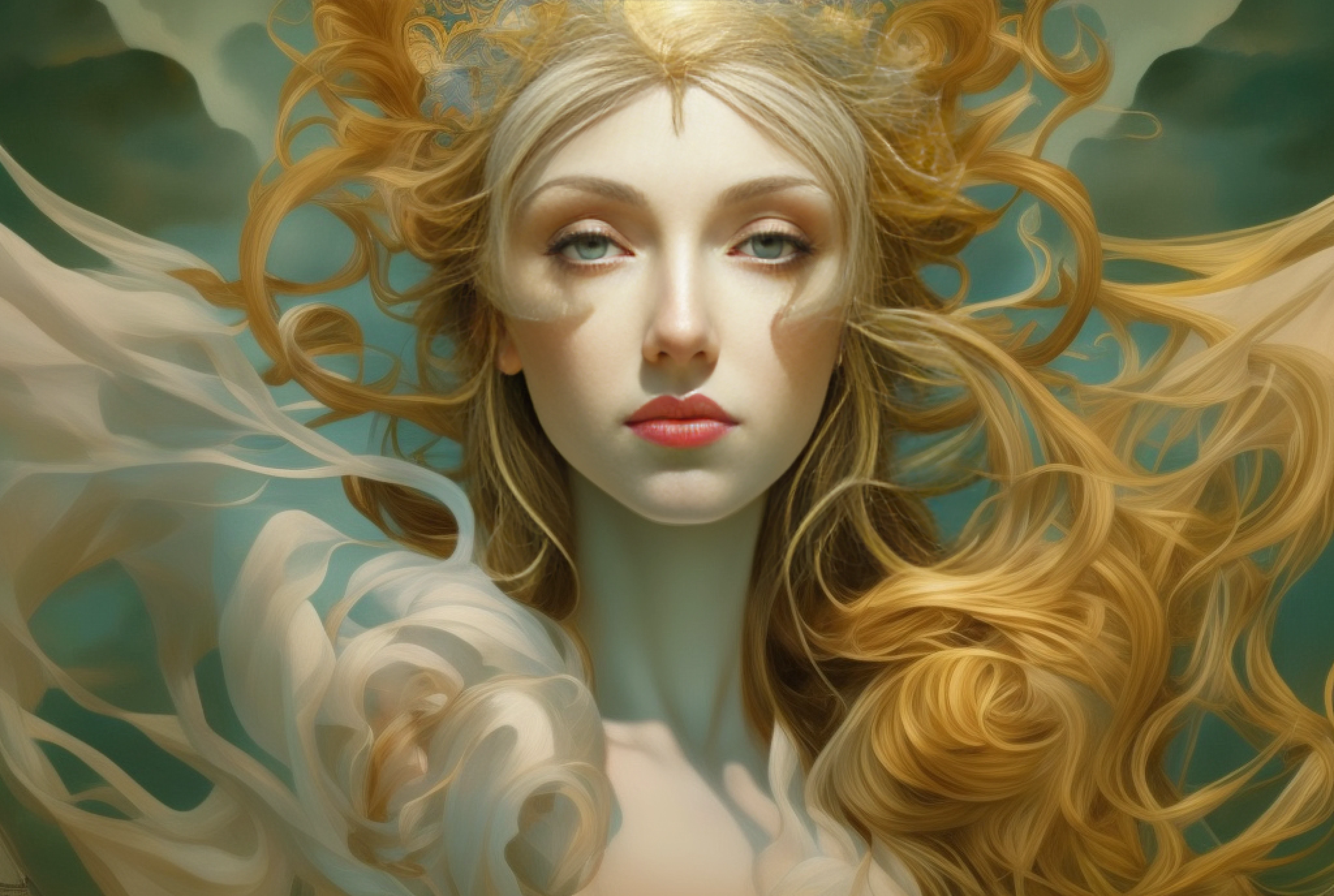 Crie uma pintura complexa, inspired by the biblical passage of Creation found in Genesis. Retrato realista, symmetr, forte, Desenho intrincado, altamente detalhado, Pintura digital, Art Station, Arte conceitual, fluido, foco nítido, illustration, obras de Artgerm e Greg Rutkowski e Alphonse Mucha