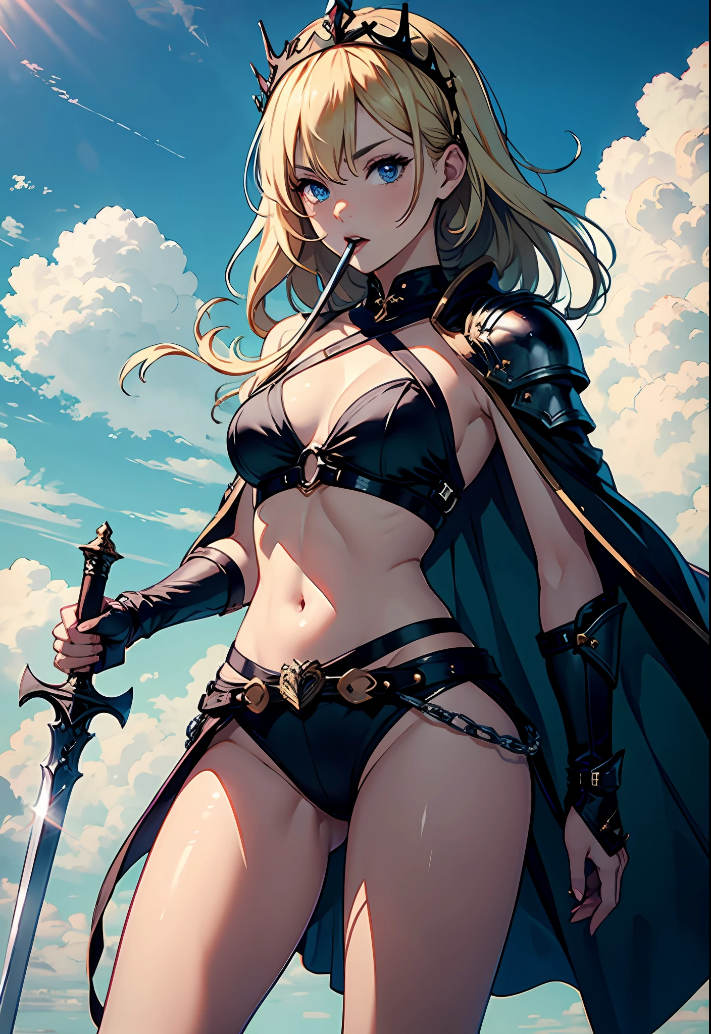1girll, blond hairbl, tiara crown, arma, The sword, eBlue eyes, 独奏, Thighs, thighs, cloaks, looking at viewert, white thighhig, armour, clutching a sword, Hold the weapon, halter, borgar, Mini crown, with her mouth open, , Skysky, Clouds outdoors,don't have clothes