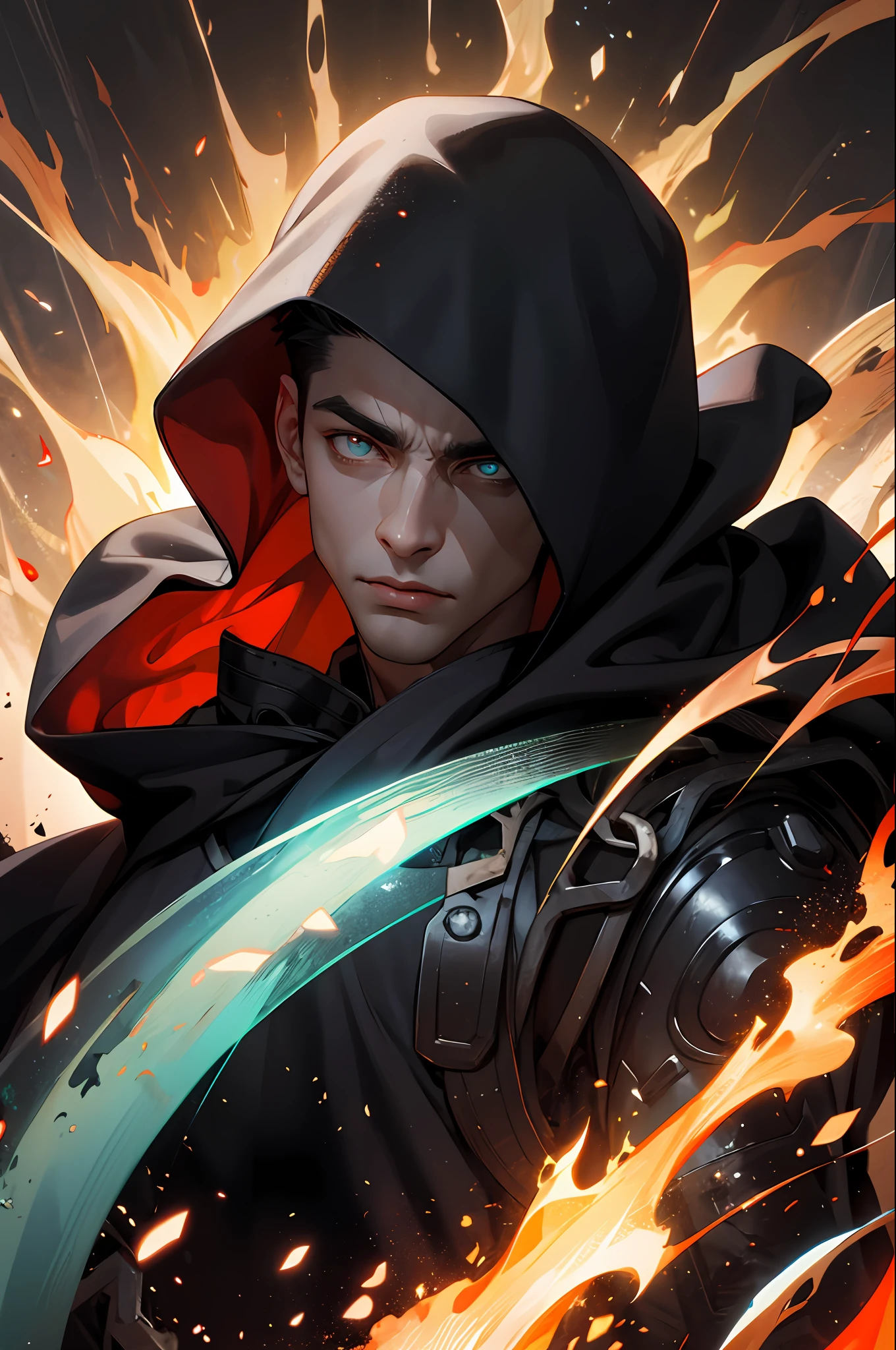 (absurdres, highres, ultra detailed), 1 male, mature, aged up, handsome, tall muscular guy, broad shoulders, very short hair, undercut, aquamarine eyes, finely detailed eyes and detailed face, extremely detailed CG unity 8k wallpaper, intricate details, (style-swirlmagic:0.8),   portrait,  looking at viewer, solo, (full body:0.6), dynamic pose, detailed background, madness in eyes, hovering in the air, necromancer, evil to the core,  red clouds, casting a spell, fireball, hooded dark robe, dark circlet, underworld,  warhammer theme, bringer of the false light,    dark clouds, floating pieces of dirt,   decadence, evil energy emanating,  dark aura, broken shackles,    , cowboy shot