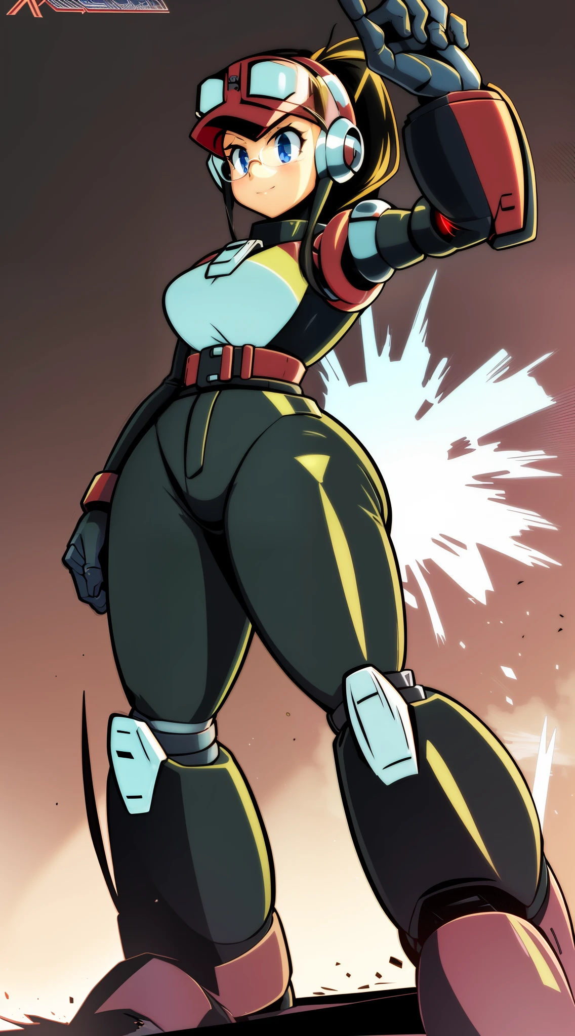 1Girl, Heavily armored, cybernetic heavy glasses/cyber visor covering eyes, gloves, skirt, heavy cybernetic boots, heavy cybernetic arms, heavy cybernetic torso, waist belt, Visor Glasses, megamanX heavy armor, long black pony tail, aviator goggles on forehead, heavy thick black hair