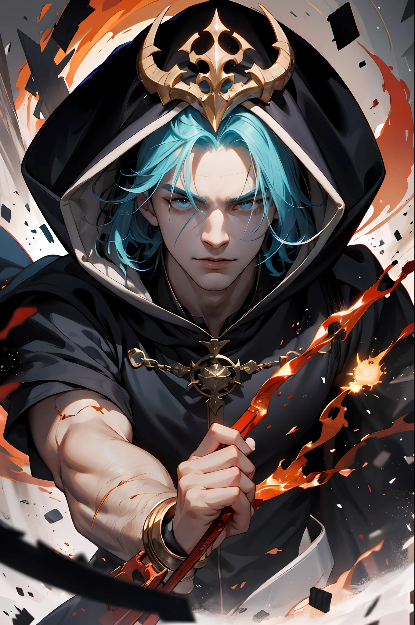 (absurdres, highres, ultra detailed), 1 male, mature, aged up, handsome, tall muscular guy, broad shoulders, very short hair, undercut, aquamarine eyes, finely detailed eyes and detailed face, extremely detailed CG unity 8k wallpaper, intricate details, (style-swirlmagic:0.8), portrait, looking at viewer, solo, (full body:0.6), dynamic pose, detailed background, madness in eyes, hovering in the air, necromancer, evil to the core, red clouds, casting a spell, fireball, hooded dark robe, dark circlet, underworld, warhammer theme, bringer of the false light, dark clouds, floating pieces of dirt, decadence, evil energy emanating, dark aura, broken shackles, , cowboy shot