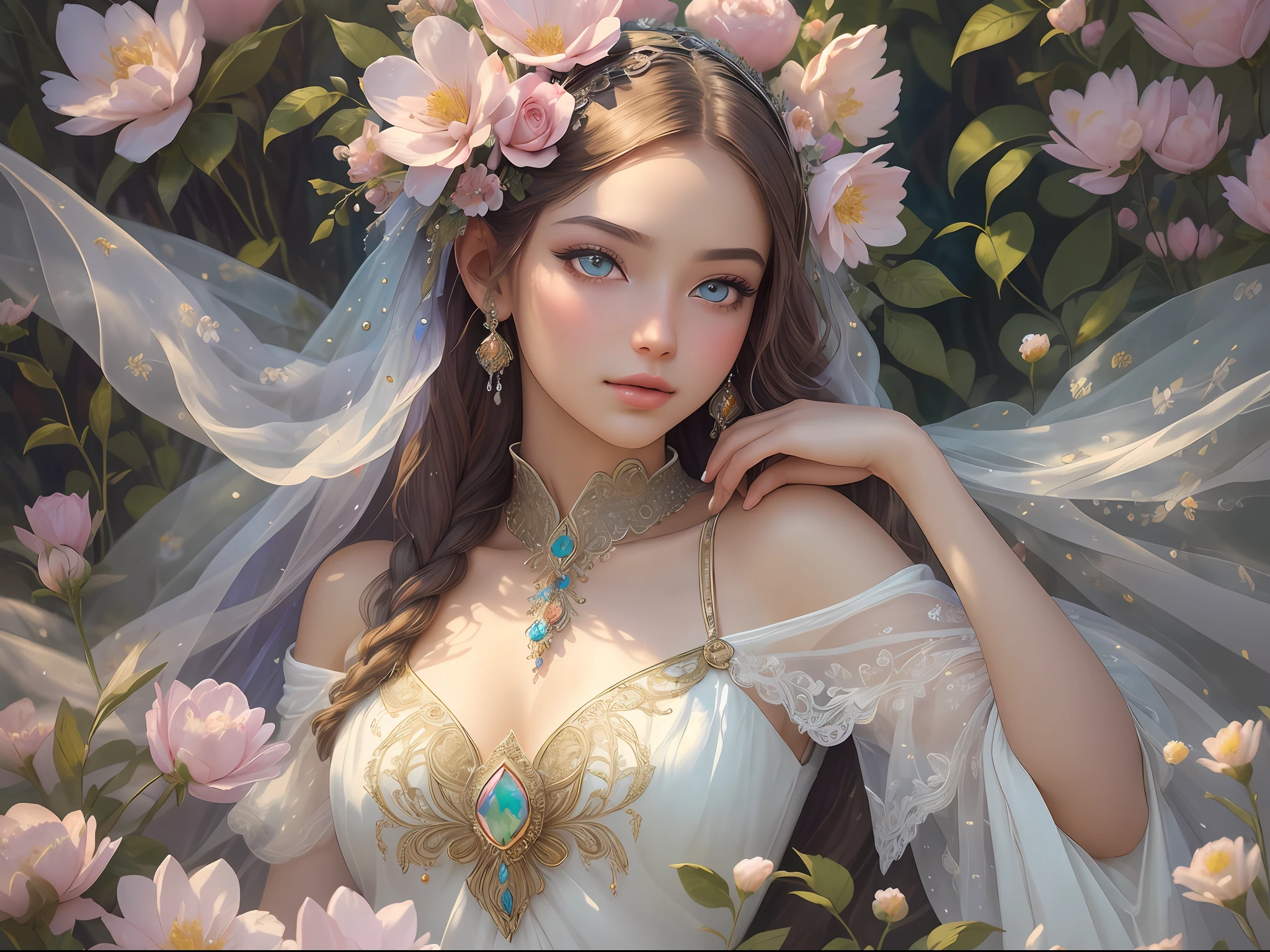 Generate a delicate and tranquil flower princess with soft hair dancing in the wind and intricately braided. Her sweet face has puffy, kissable lips and stunning, highly realistic eyes. She has stunningly beautiful eyes, hires eyes, 8k eyes, beautiful detail eyes, beautiful detailed eyes, realistically shaded eyes, and realistic eyes in vibrant colors. She is wearing delicately detailed gossamer silk and satin. Small pink gemstones and cream pearls detail her clothing. She sits in the midst of the most beautiful meadow in the world and is surrounded by beautiful flowers of varying sizes and colors. A flowered headdress adorns her head and soft petals dance around her. The flowers are realistic and very detailed and come in different shapes and sizes, some with iridescence and others with varying shades of pink and blue. (Include a soft watercolor sky.) Include realistic hair and skin texture. Include fantasy details, enhanced details, iridescence, colorful glittering wind and pollen. Pay special attention to her face and make sure it is beautifully and realistically detailed. The image should be dreamy and ethereal. Include intricate fantasy details. 8k, intricate, elegant, highly detailed, majestic, digital photography, art by artgerm and ruan jia and greg rutkowski surreal painting pearl butterfly filigree, flower petals, (masterpiece, sidelighting, finely detailed beautiful eyes: 1.2), hdr, realistic skin texture, ((ornate)), ((intricate)), ((fantasy00d:1.2)), rays of light, (add details), (add more details), intricate, highly detailed, ornate flowers, dew drops, sunlight, rays of sun