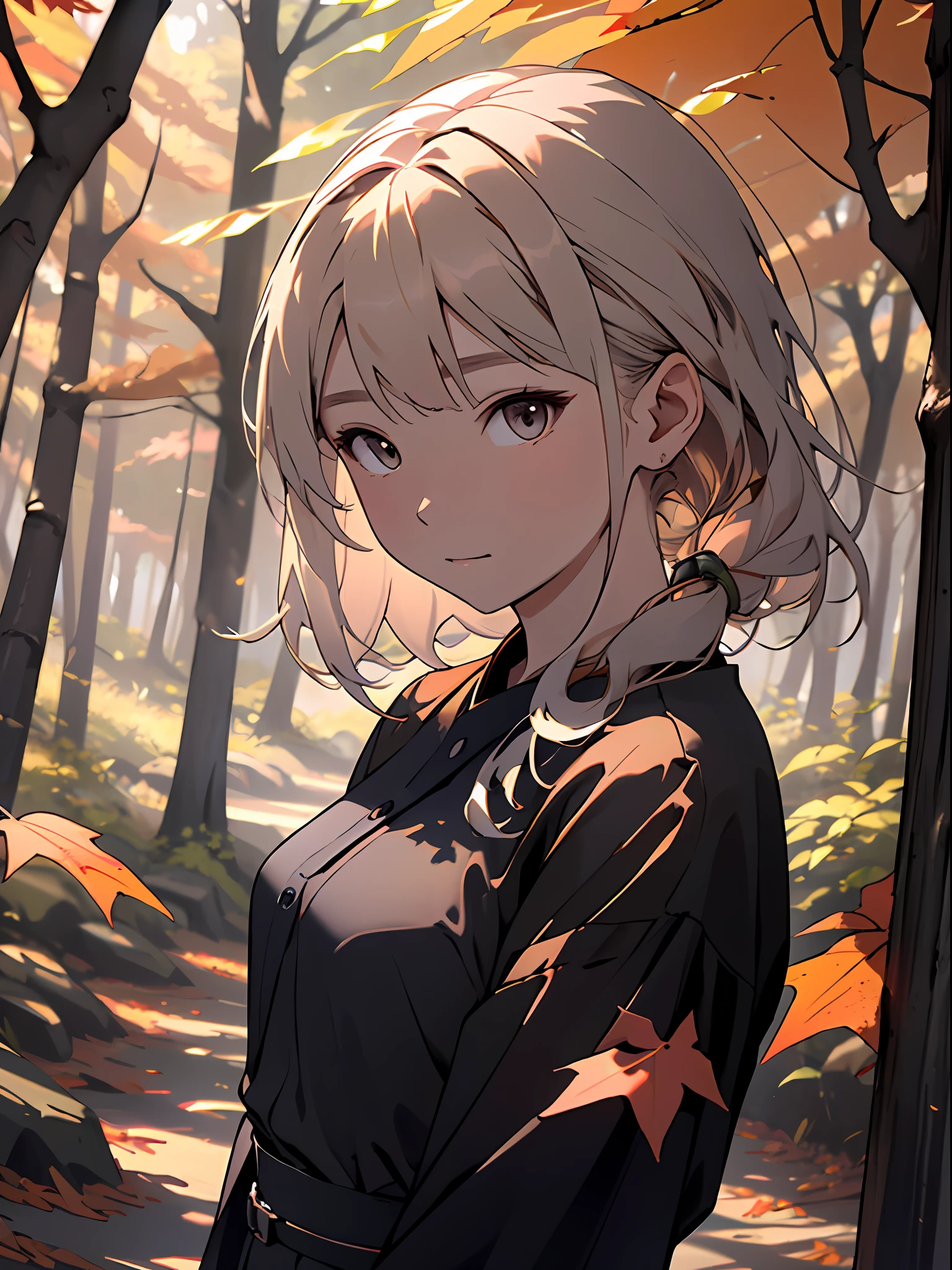 realisitic、((Forest of autumn leaves))、Woman in the forest and sunshine, a 20 yo woman、shorth hair, Nice hairstyle, Nice clothes、Looking at the camera、Colored leaves