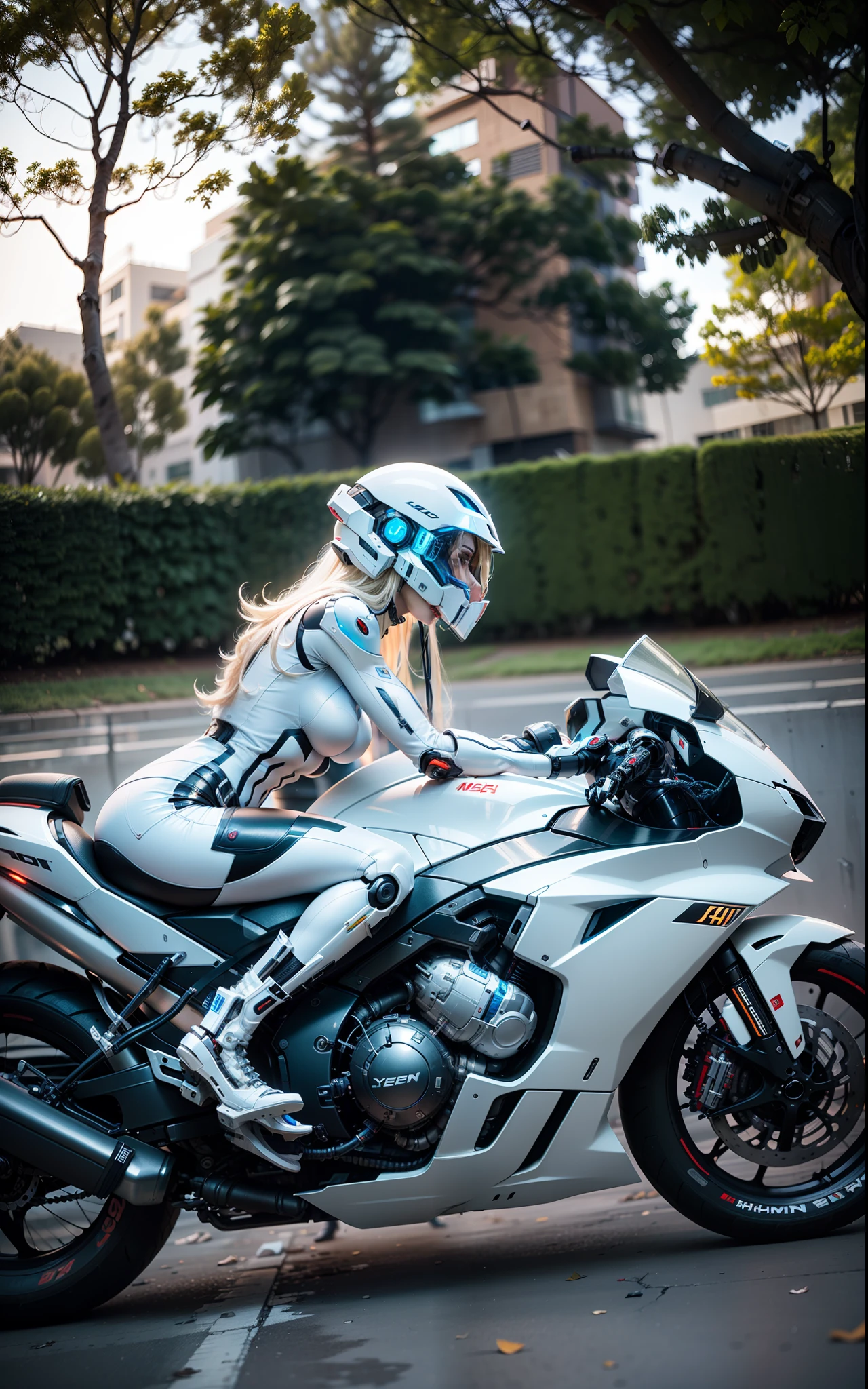 Sexy Cyber Warrior,Long flowing blonde hair,White cyberpunk high-tech mech costume,White cyberpunk faceless helmet,Biomechanicals, MSHN Robot Woman,High-tech helmet,hyper realisitc, Steel, Complex design, insanely details, finely detailled, Extremely clear lines, cinmatic lighting, photograph realistic, A detailed masterpiece