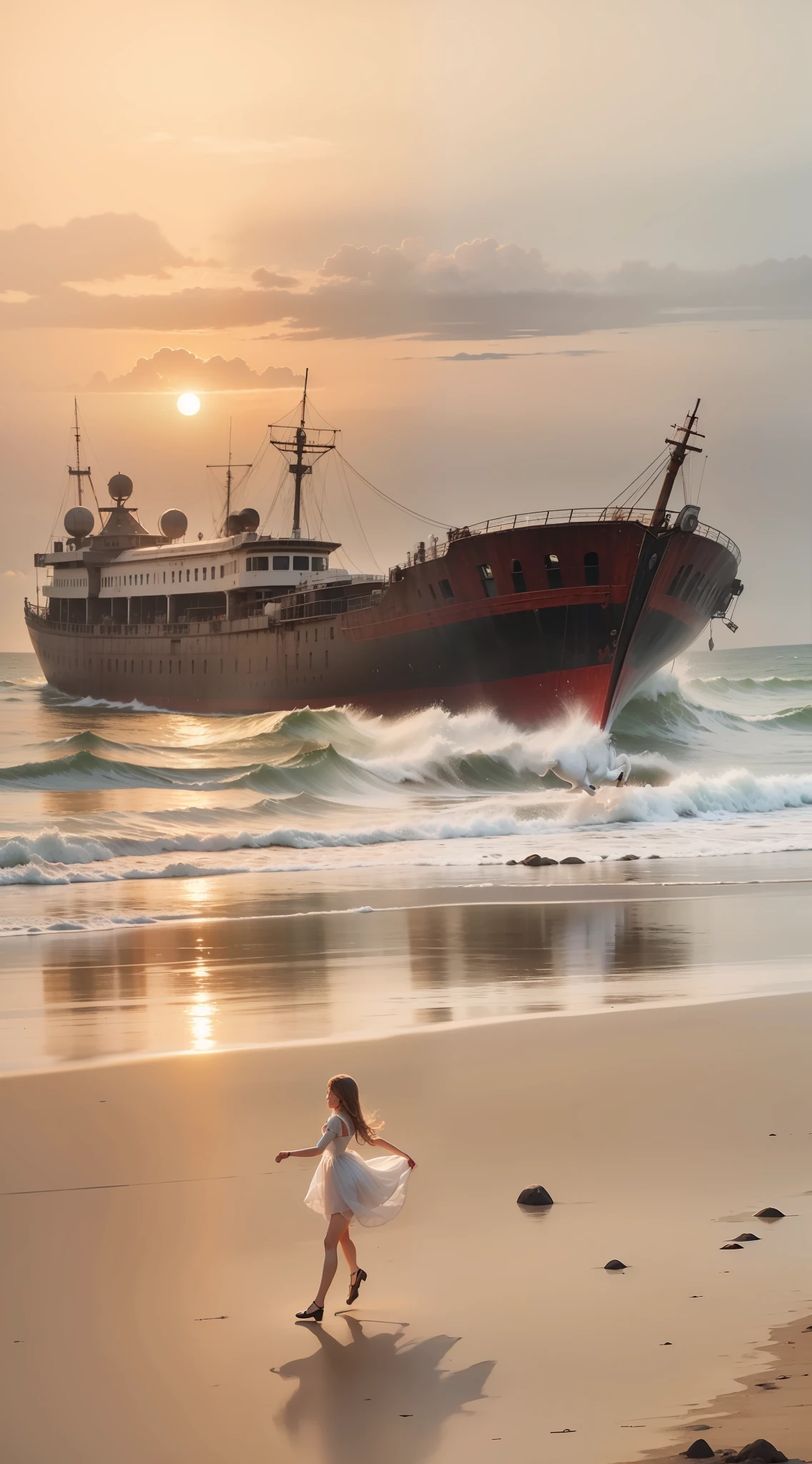 An old ship on the shore. A girl in a white dress is dancing horse next to her --auto