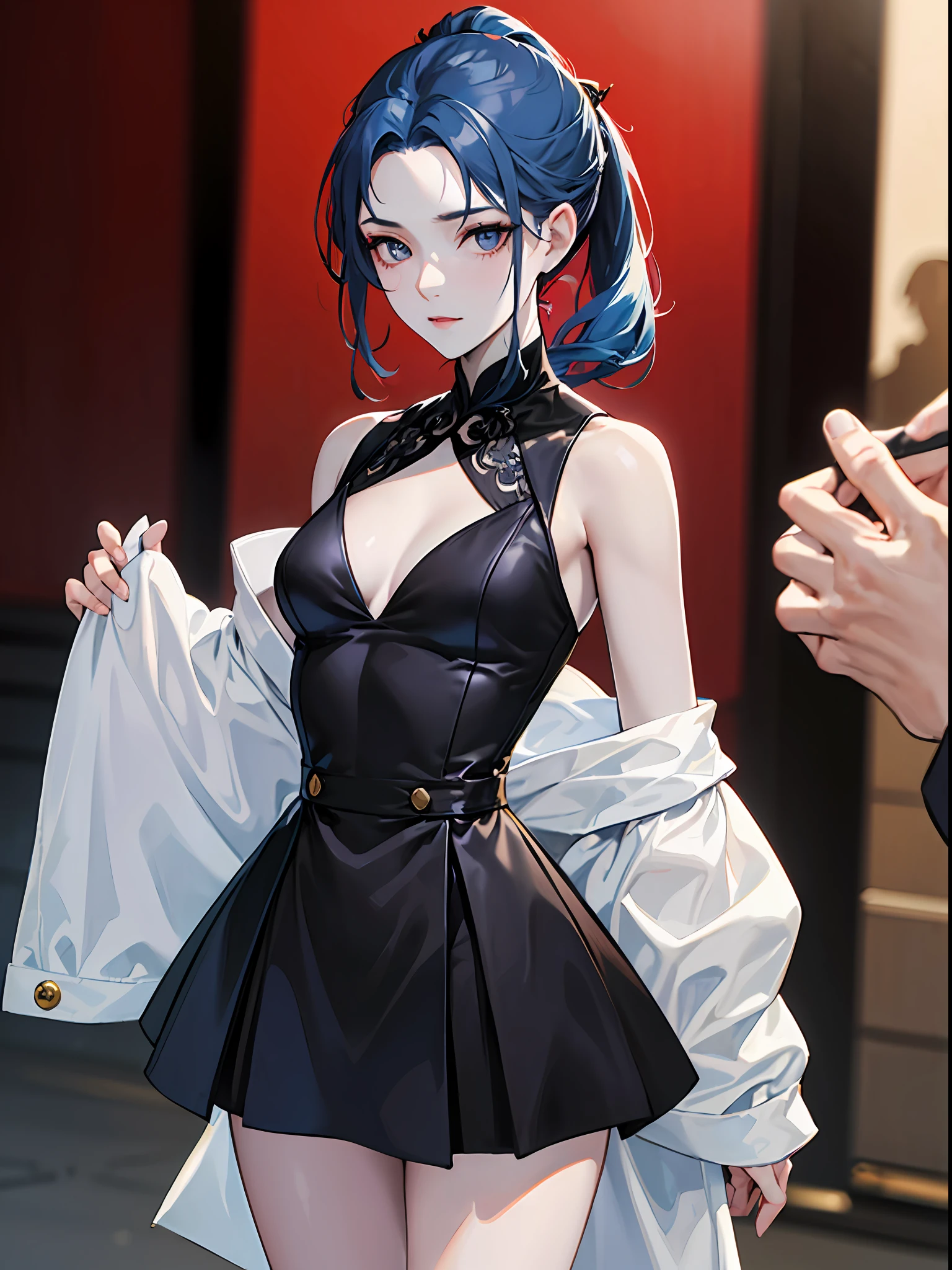 1girll, (Solo:1.2), ((Masterpiece)), (black shadows), [Slim], (Breasts small exposed), ((Sharp focus)), Pale skin, ((Detailed eyes)), (The background is blurred out), hoshimachi suisei, 鎖骨, pony tails, Blue hair, Closed mouth --auto