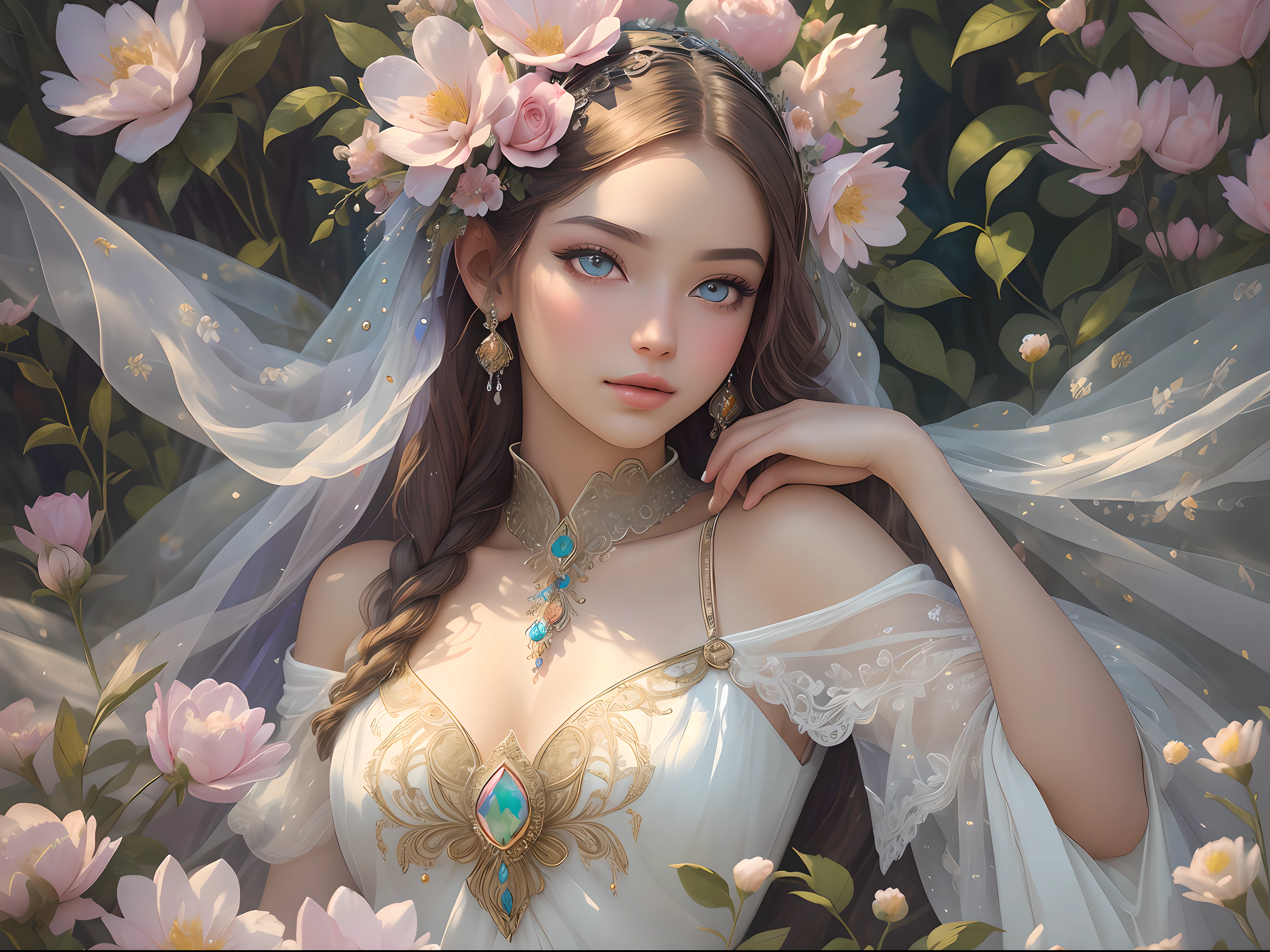 Generate a delicate and tranquil flower princess with soft hair dancing in the wind and intricately braided. Her sweet face has puffy, kissable lips and stunning, highly realistic eyes. She has stunningly beautiful eyes, hires eyes, 8k eyes, beautiful detail eyes, beautiful detailed eyes, realistically shaded eyes, and realistic eyes in vibrant colors. She is wearing delicately detailed gossamer silk and satin. Small pink gemstones and cream pearls detail her clothing. She sits in the midst of the most beautiful meadow in the world and is surrounded by beautiful flowers of varying sizes and colors. A flowered headdress adorns her head and soft petals dance around her. The flowers are realistic and very detailed and come in different shapes and sizes, some with iridescence and others with varying shades of pink and blue. (Include a soft watercolor sky.) Include realistic hair and skin texture. Include fantasy details, enhanced details, iridescence, colorful glittering wind and pollen. Pay special attention to her face and make sure it is beautifully and realistically detailed. The image should be dreamy and ethereal. Include intricate fantasy details. 8k, intricate, elegant, highly detailed, majestic, digital photography, art by artgerm and ruan jia and greg rutkowski surreal painting pearl butterfly filigree, flower petals, (masterpiece, sidelighting, finely detailed beautiful eyes: 1.2), hdr, realistic skin texture, ((ornate)), ((intricate)), ((fantasy00d:1.2)), rays of light, (add details), (add more details), intricate, highly detailed, ornate flowers, dew drops, sunlight, rays of sun