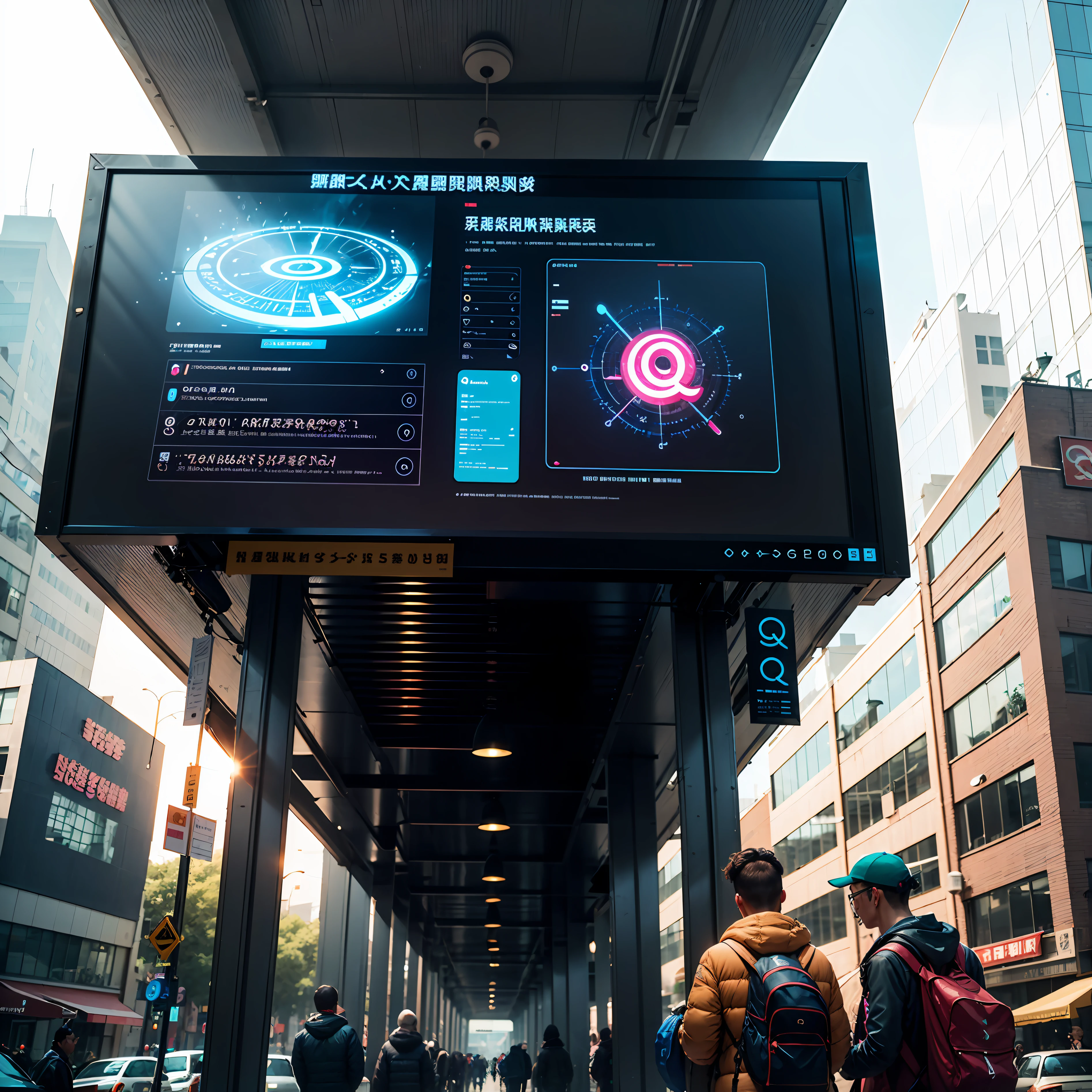 In the high-tech city of the future,There is a high-tech translucent display,The letters are displayed on it"Q",sense of science and technology,Tech Style,tmasterpiece,sci-fy。 --auto