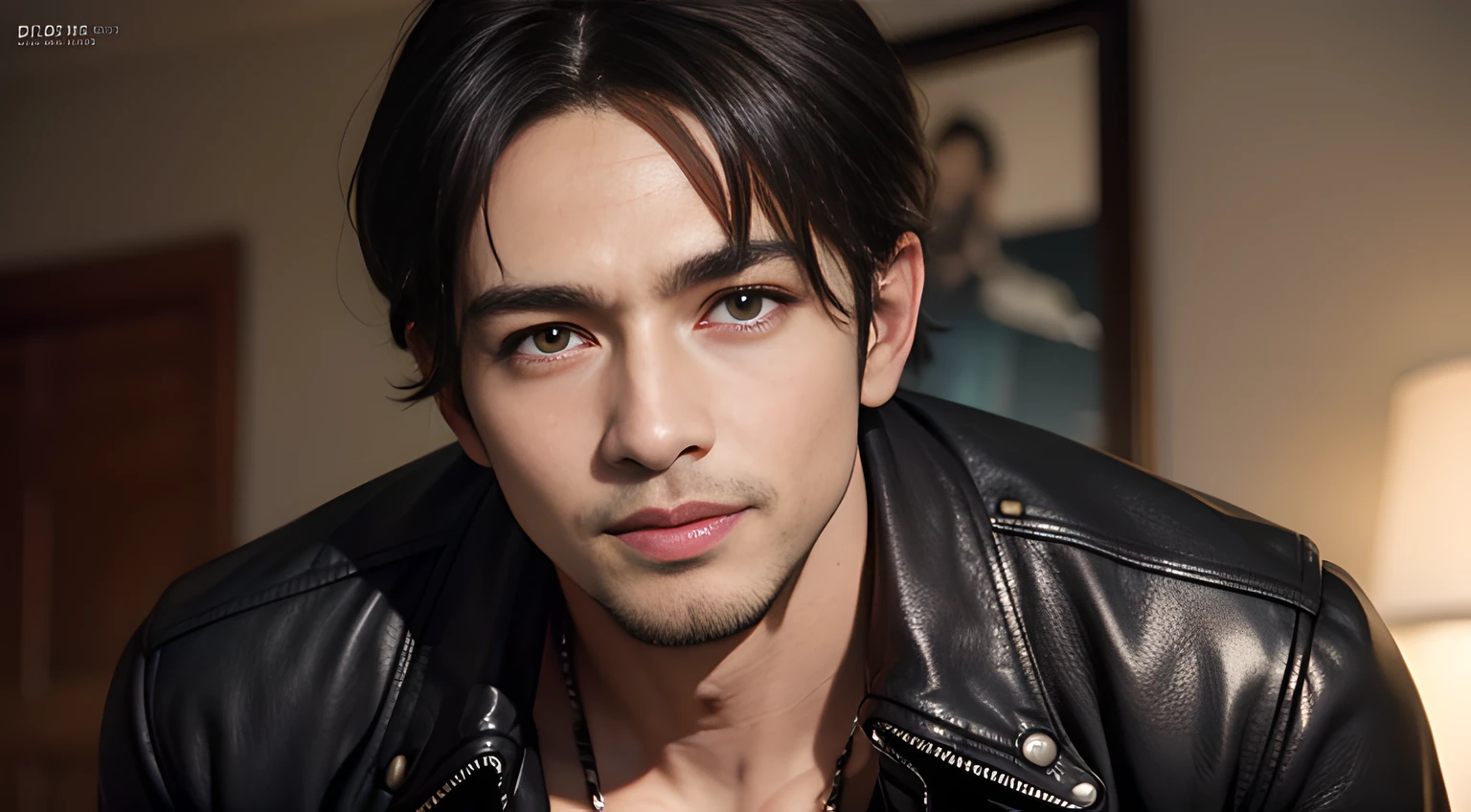 ((Men only)), (Cowboy Shot), (Negro handsome muscular man in his 30s), Negro handsome muscular man in black leather jacket on bare skin, Mischievous smile, (detaile: 1 in 1), Natural muscles, HIG quality, beautidful eyes, (Detailed face and eyes), (Face、: 1 / 2), Noise, Real Photographics、... .............................................................PSD, Sharp Focus, High resolution 8K, realisitic & Professional Photography, 8K UHD, Soft lighting, High quality, Film grain, FujifilmXT3