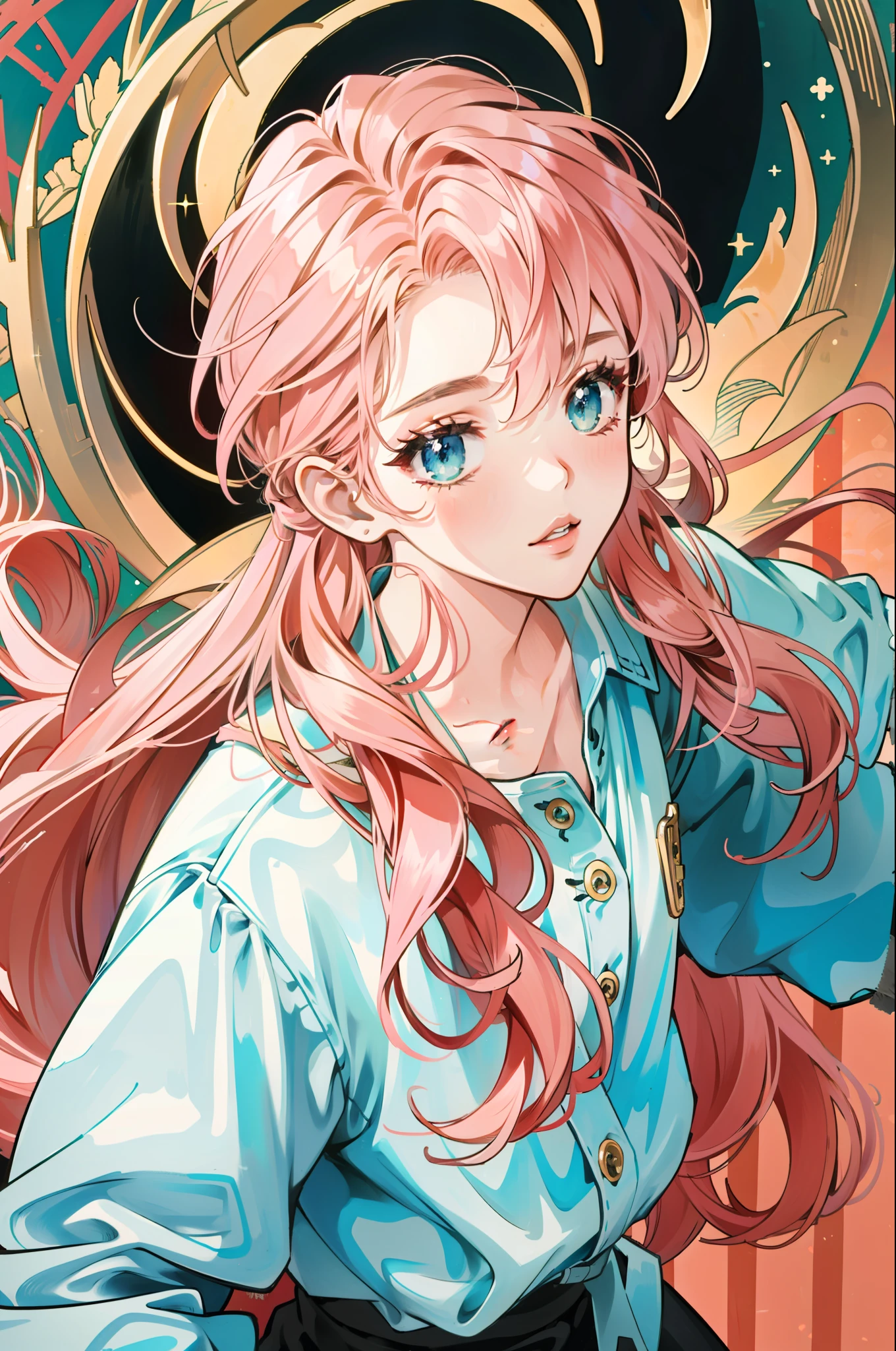 ((masterpiece:1.2, best quality)), ultra detailed, Ultra-precise depiction, Ultra-detailed depiction, (zentangle:1.2), (dynamic pose), (abstract background:1.5), wavy long hair, pink hair, 1girl, colorful, portrait, (from above:1.2)