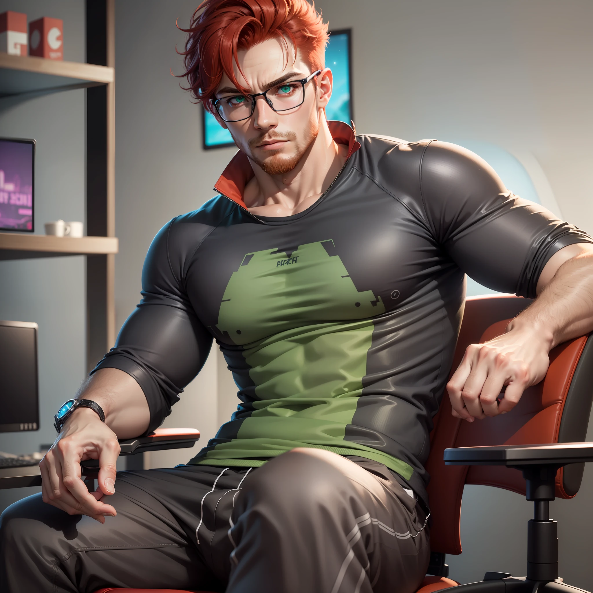 Handsome male, short red hair, red beard, sitting on gaming chair, expressionless, wearing glasses, detailed body, big bulge in pants, grey sweatpants, black Tshirt, nightfall, green eyes, detailed hands, horns