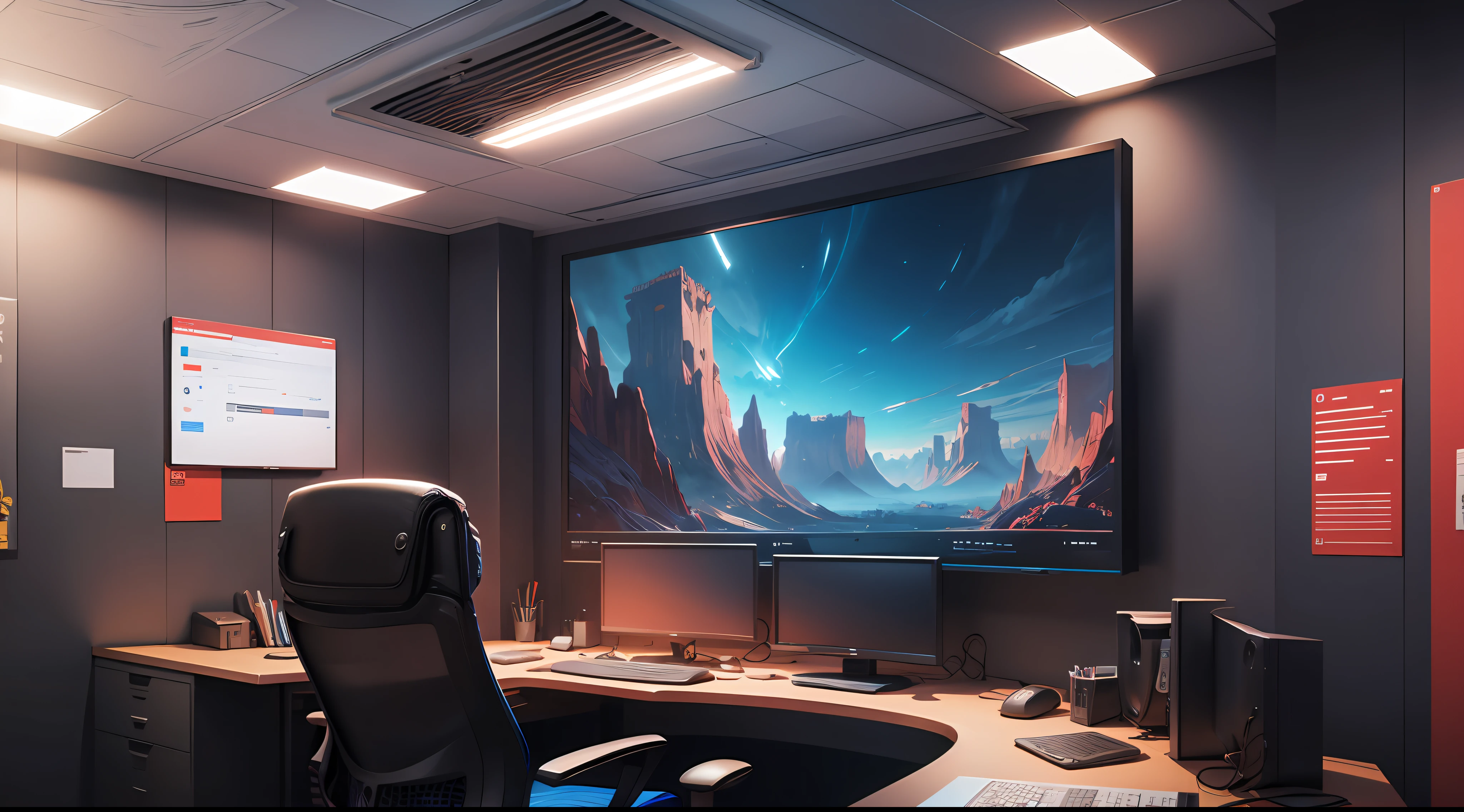 office, detailed, hacker, only the scenery, monitors, red and blue tone, no character, large, spacious environment --auto --s2